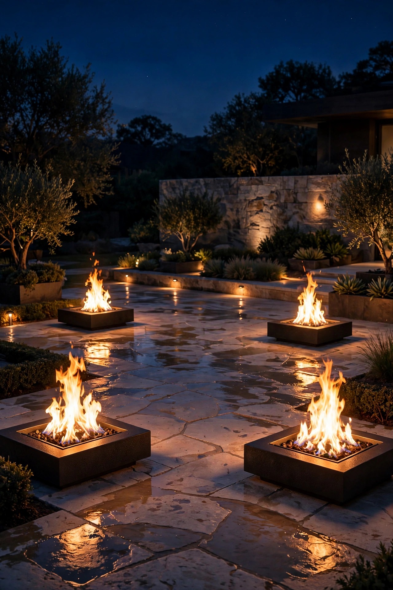 Elegant gas fire bowls glowing at the corners of a luxury terrace at night, flames reflecting on stone paving with dim landscape lighting around