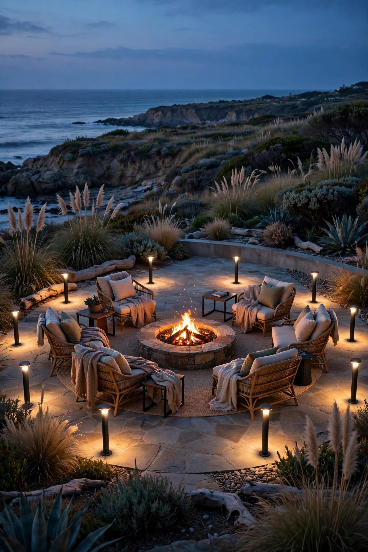 Low bollard lights ringing a coastal patio fire pit seating area at night