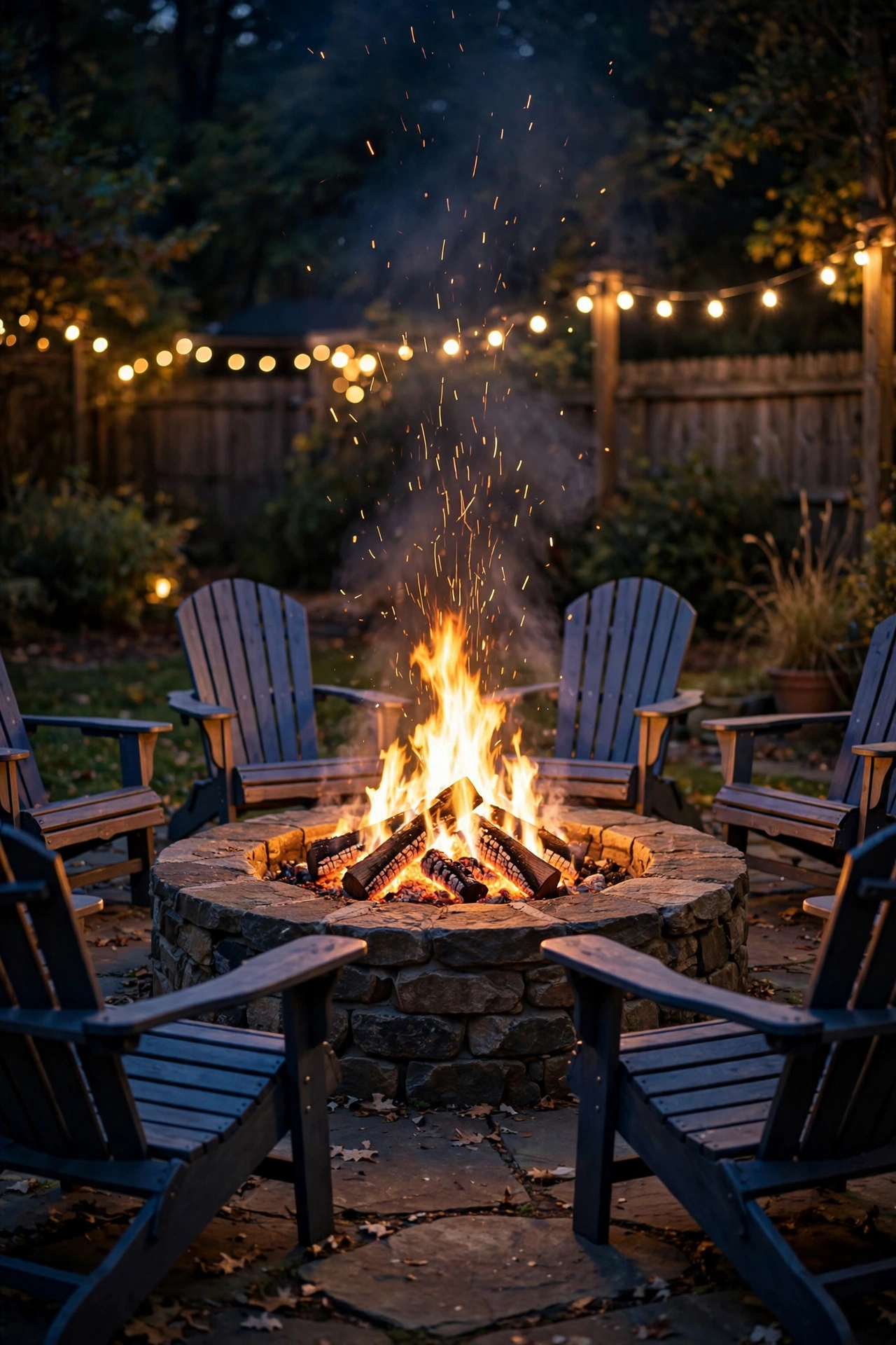 Fire pit ring with chairs gathered around glowing flames at a backyard party at night