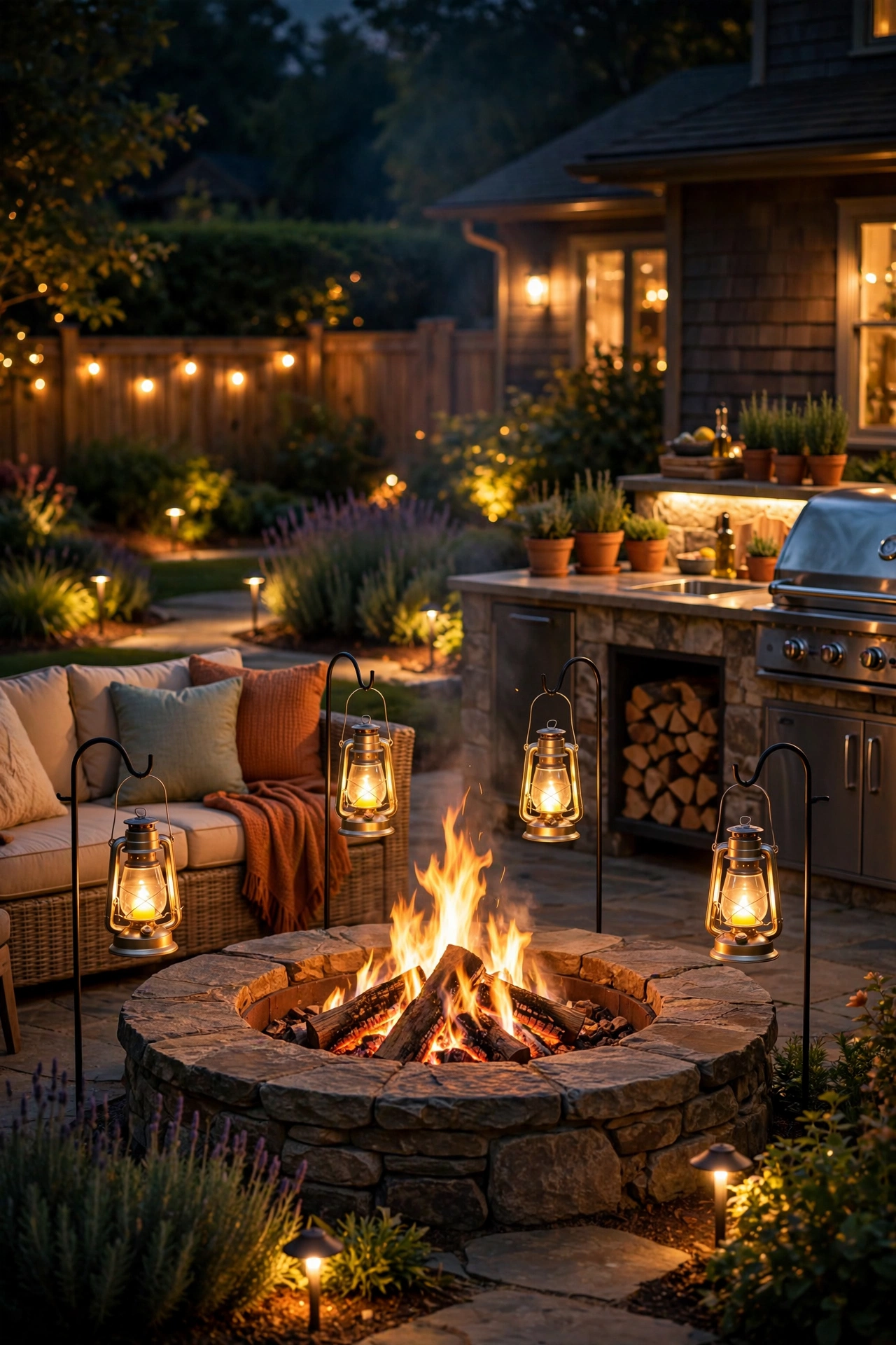 Fire pit with surrounding warm lanterns and landscape lights creating cozy outdoor kitchen lounge zone