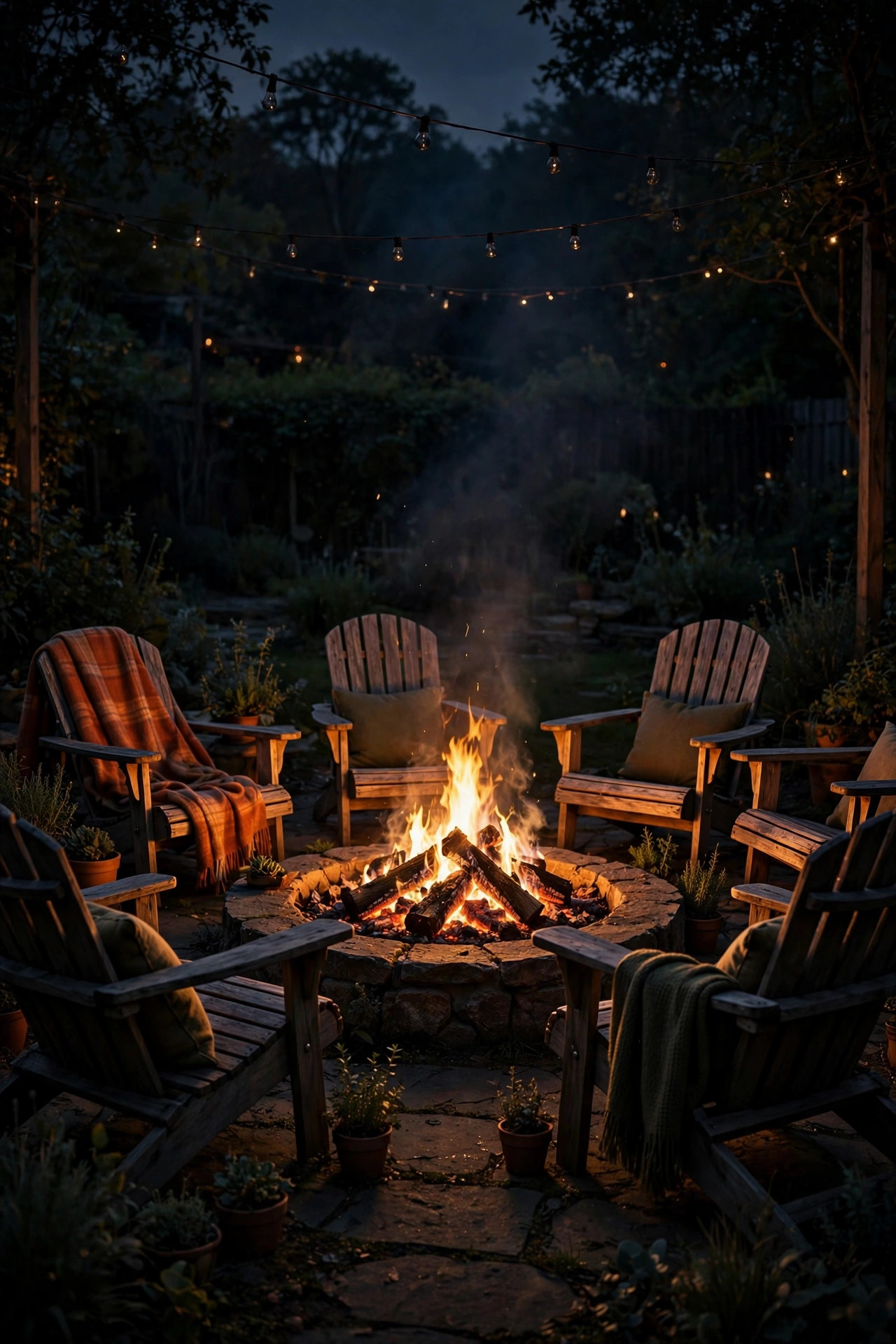 Fire pit seating area with festoon lights dimmed very low so the firelight is the main glow
