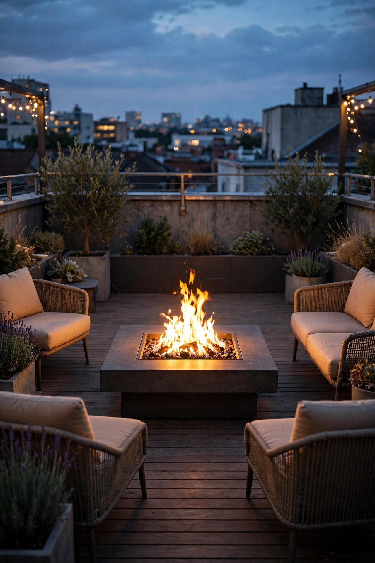 Compact fire table glowing at the center of rooftop deck seating at dusk with clear space around it