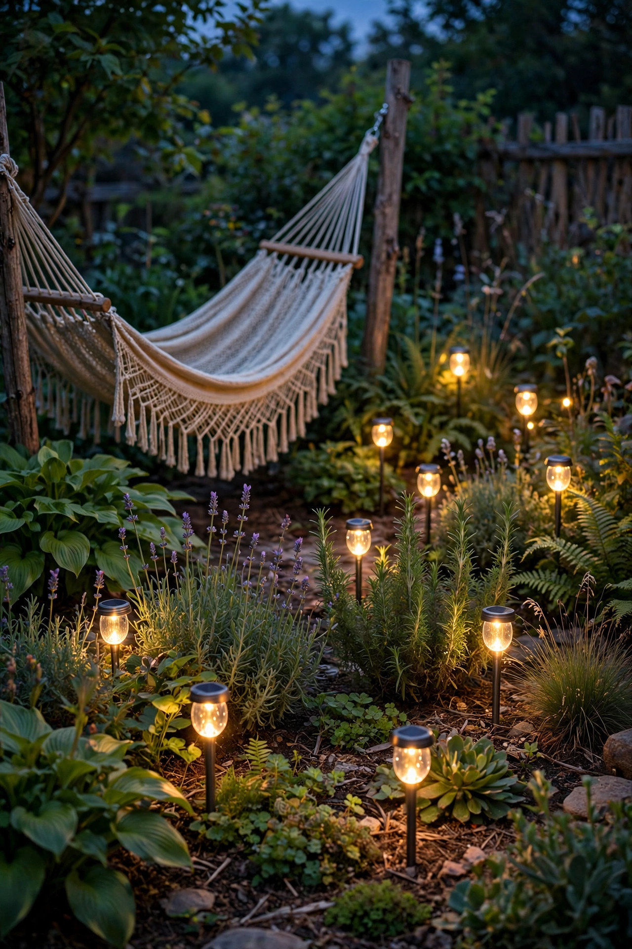 Firefly-style solar stake lights glowing among garden plants beside a hammock on a summer evening