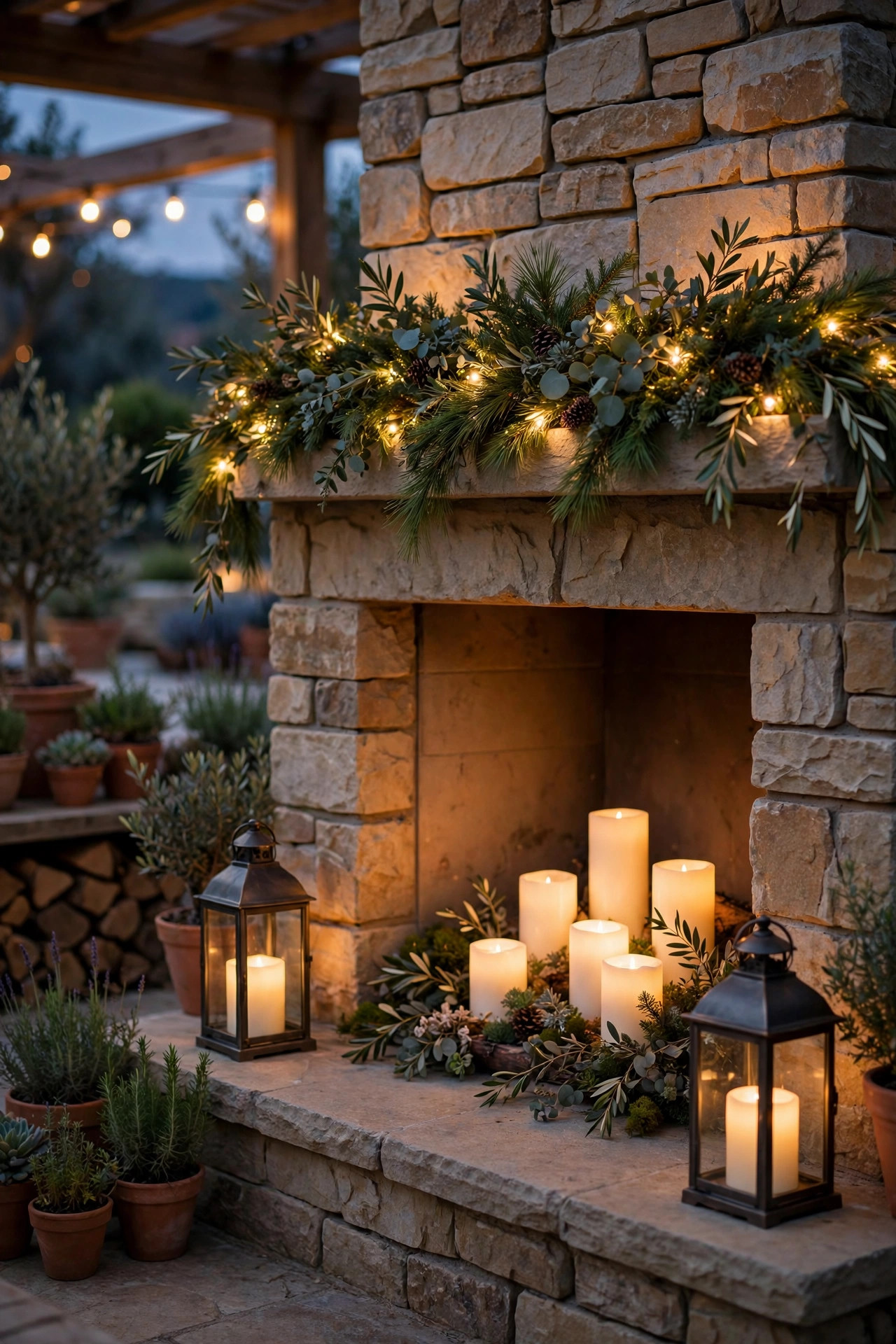 Outdoor patio fireplace with a lighted garland on the mantel, lanterns on the hearth, and flameless candles in the firebox