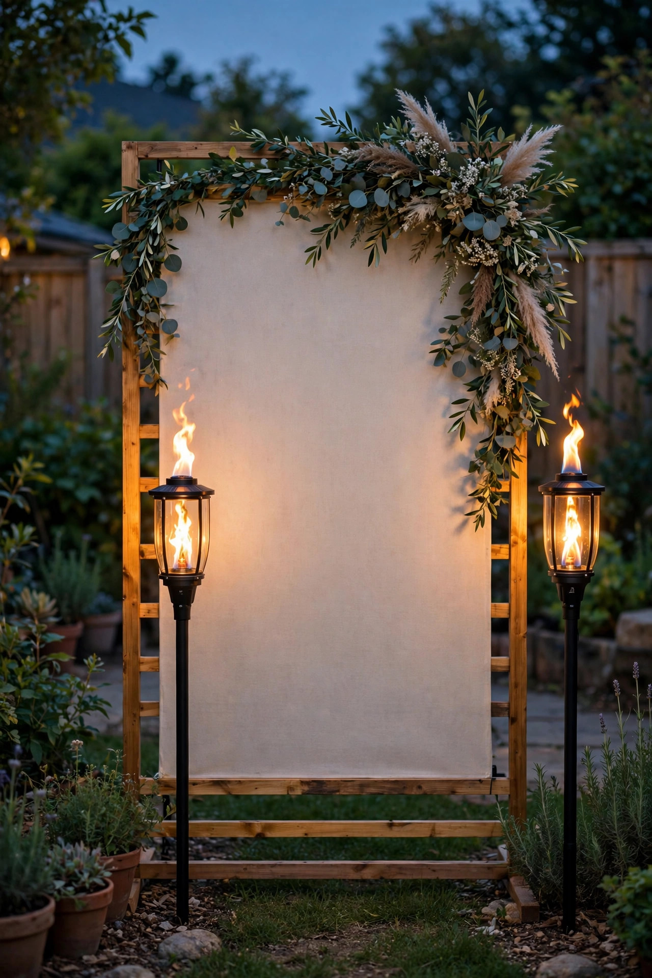 Solar LED flame torches flickering on both sides of a backyard photo booth backdrop