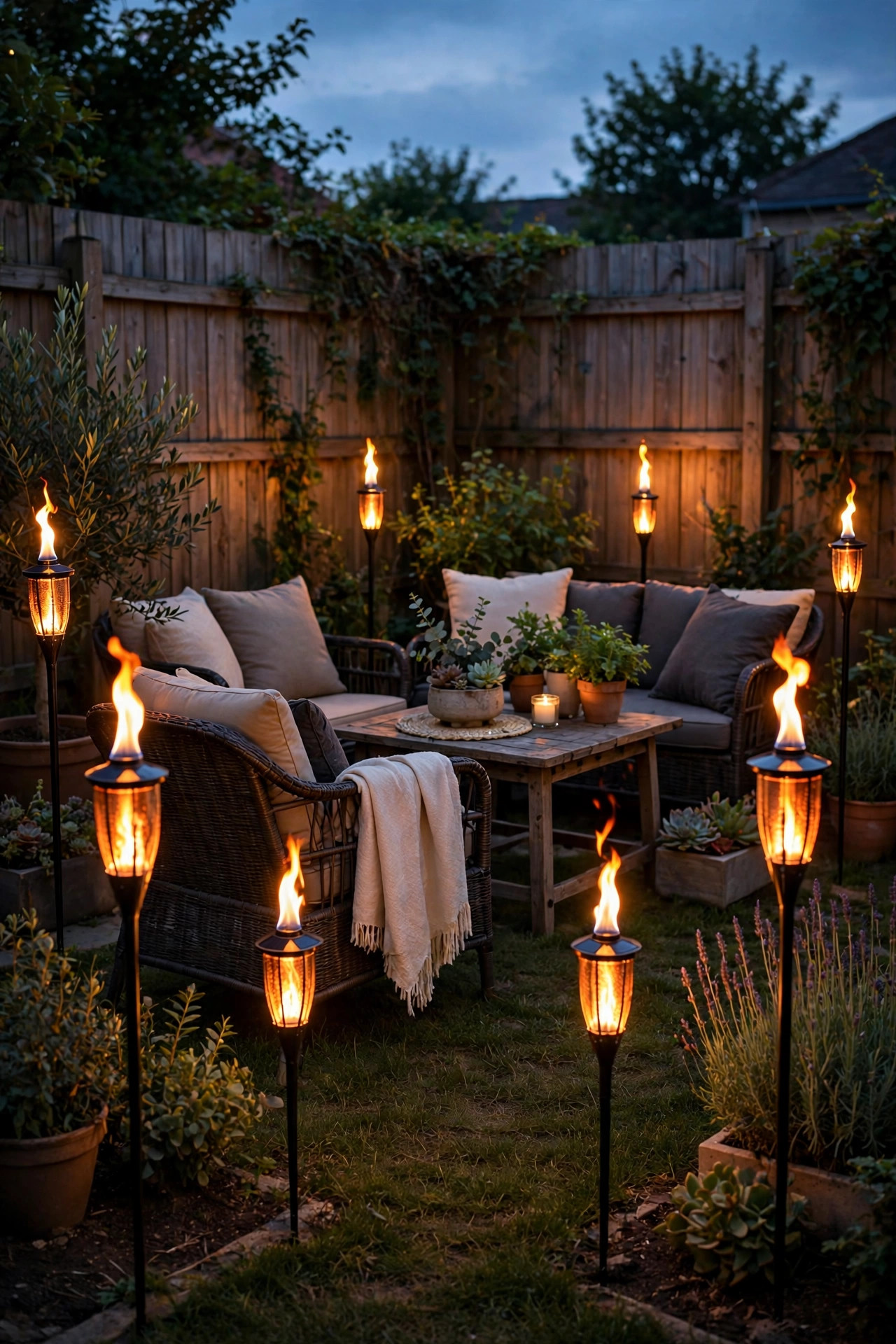 Solar flame-effect torch lights staked around a rental backyard seating area flickering at dusk