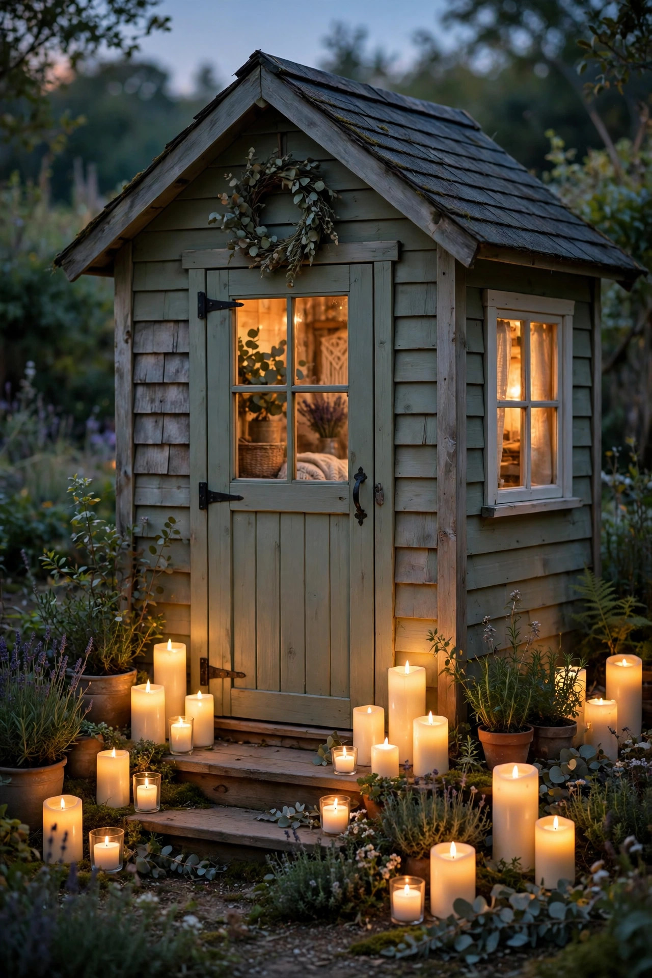 Flameless LED candles in assorted sizes glowing softly around a she shed on a slow evening