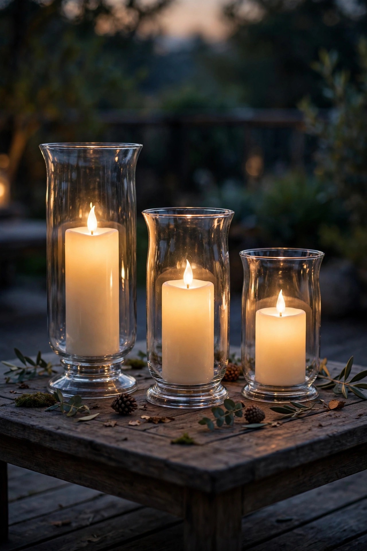Flameless LED candles flickering inside glass hurricane holders on a low deck table at night