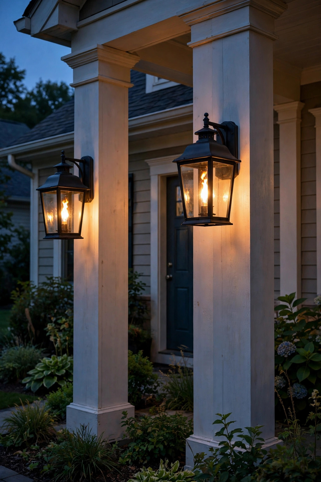 Flicker flame LED bulbs glowing inside carriage lanterns mounted on porch columns