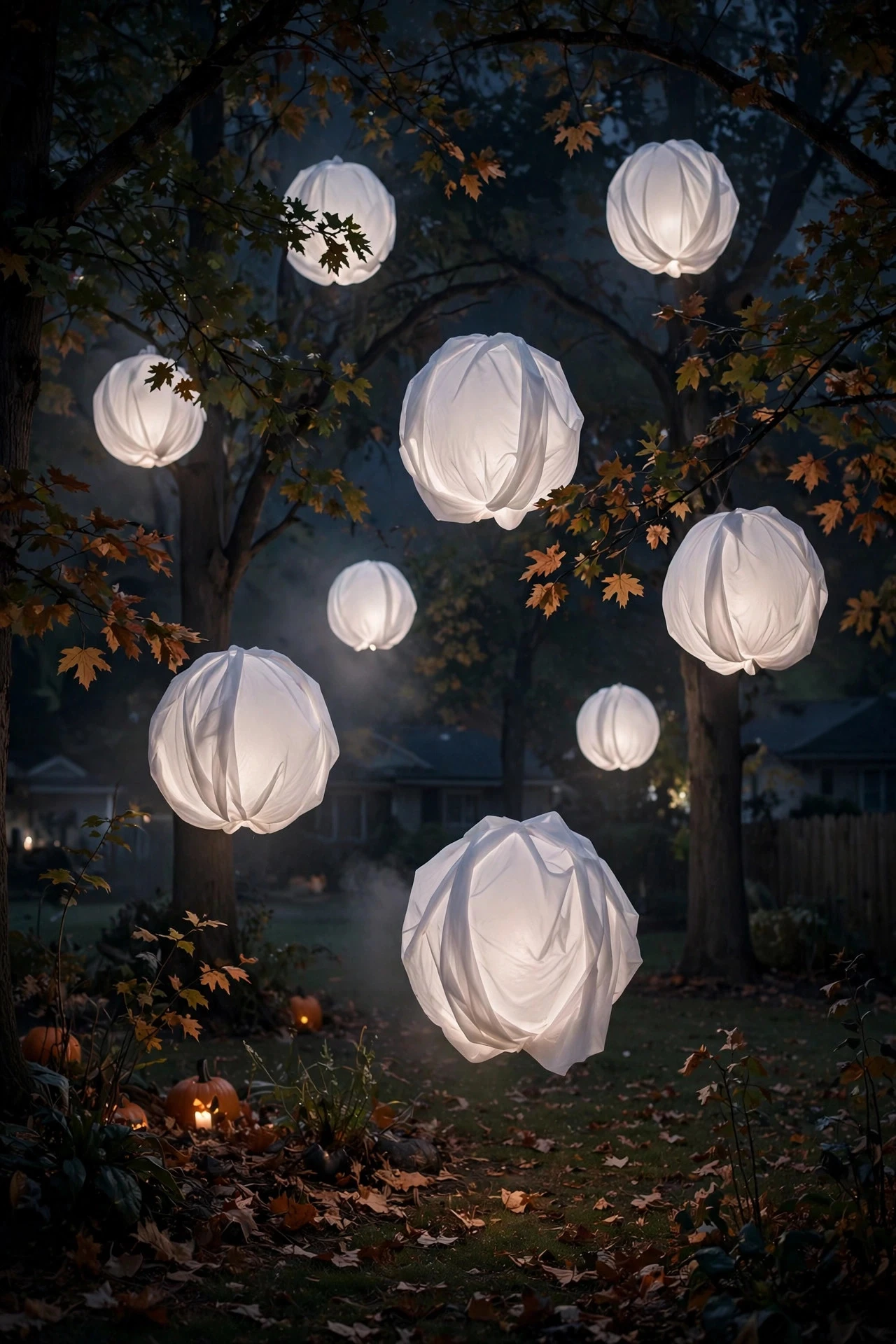 Glowing white ghost orbs made of draped fabric floating among trees at Halloween night