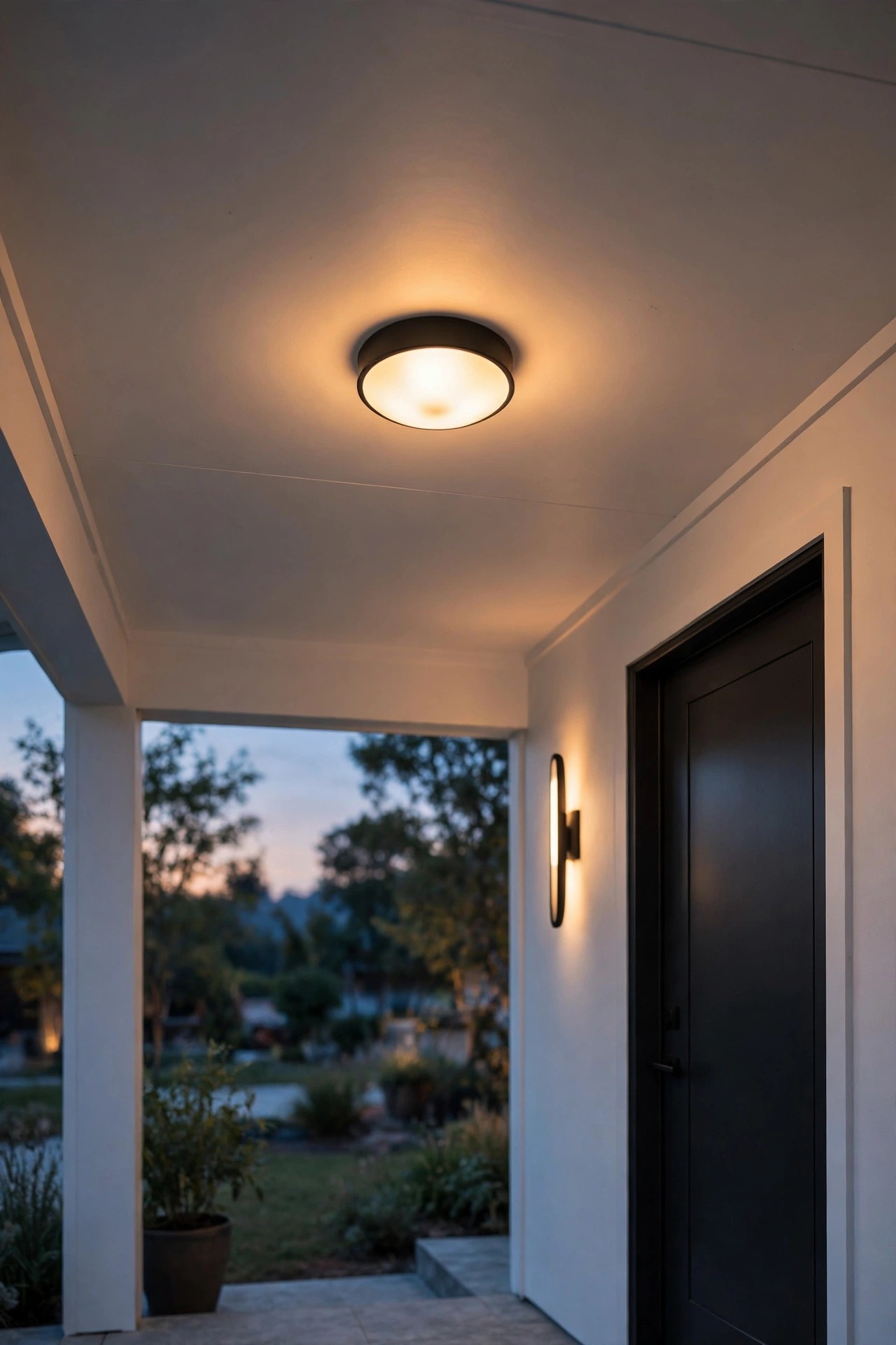 Porch ceiling with a simple flush mount light and one slim sconce by the front door at dusk, clean flat ceiling and minimal entry