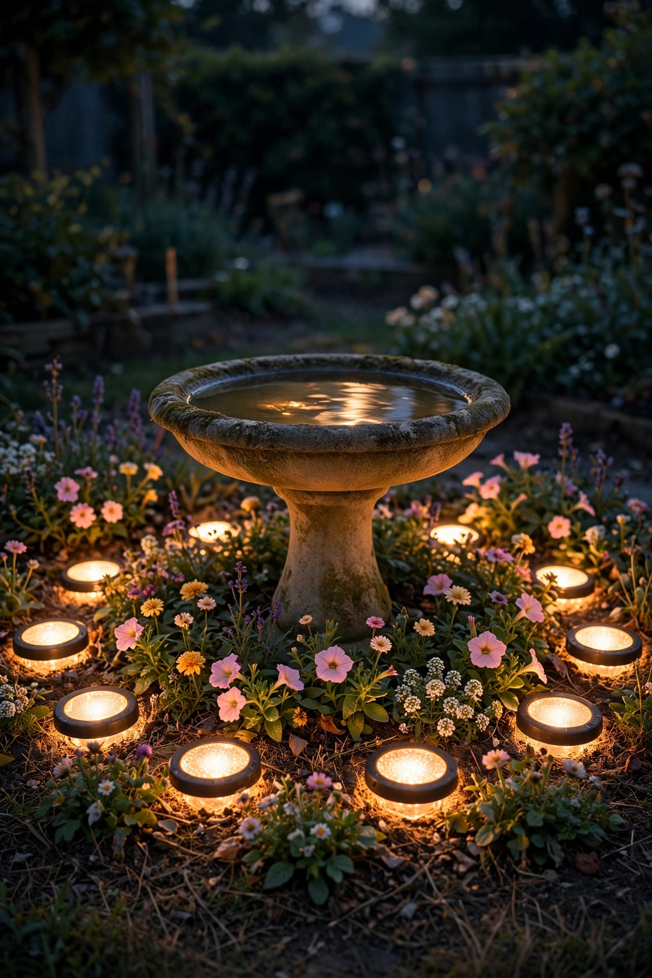 A ring of solar disk lights glowing around a birdbath in a flower bed at night
