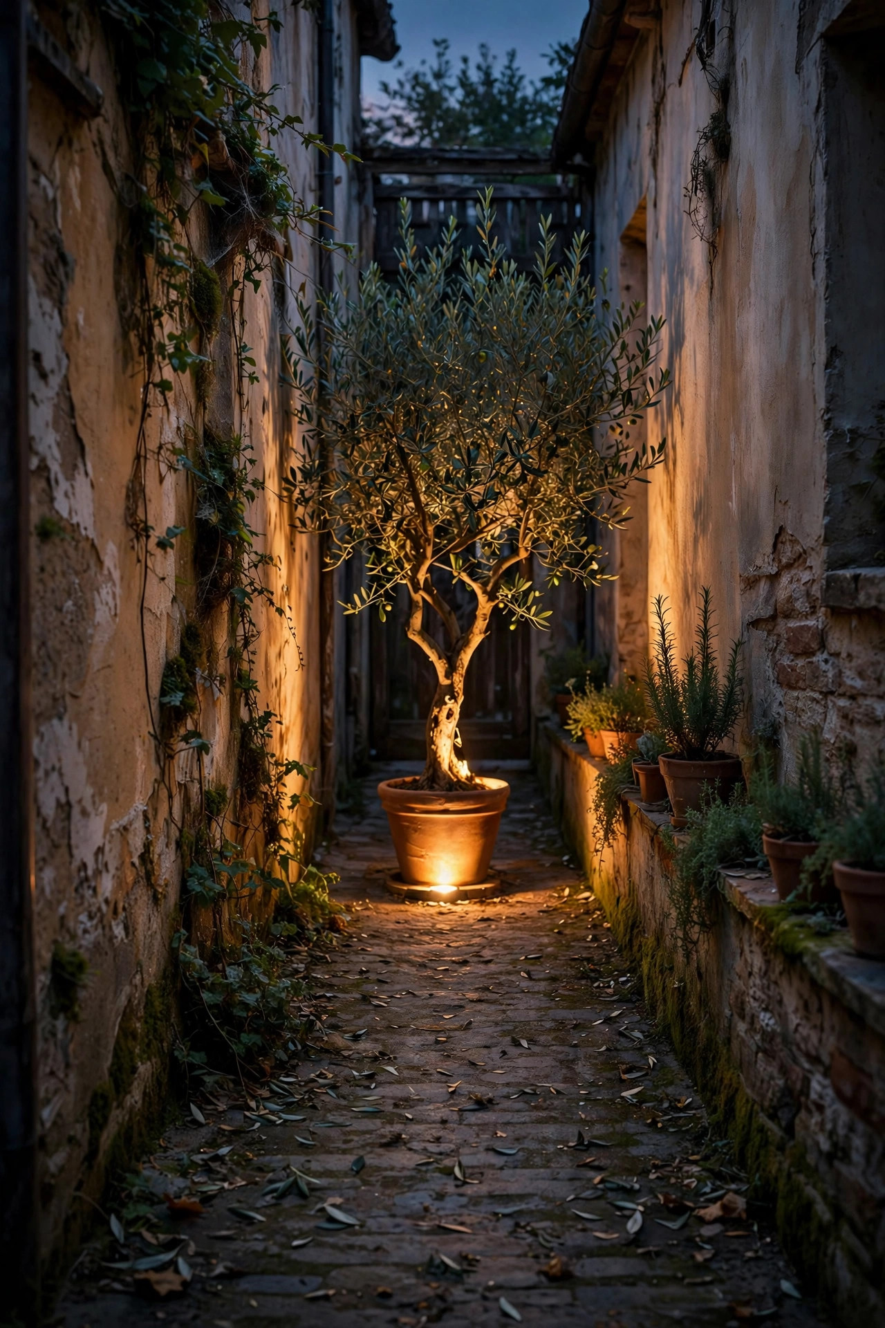 Potted olive tree uplight glowing at the end of a narrow side yard passage at dusk