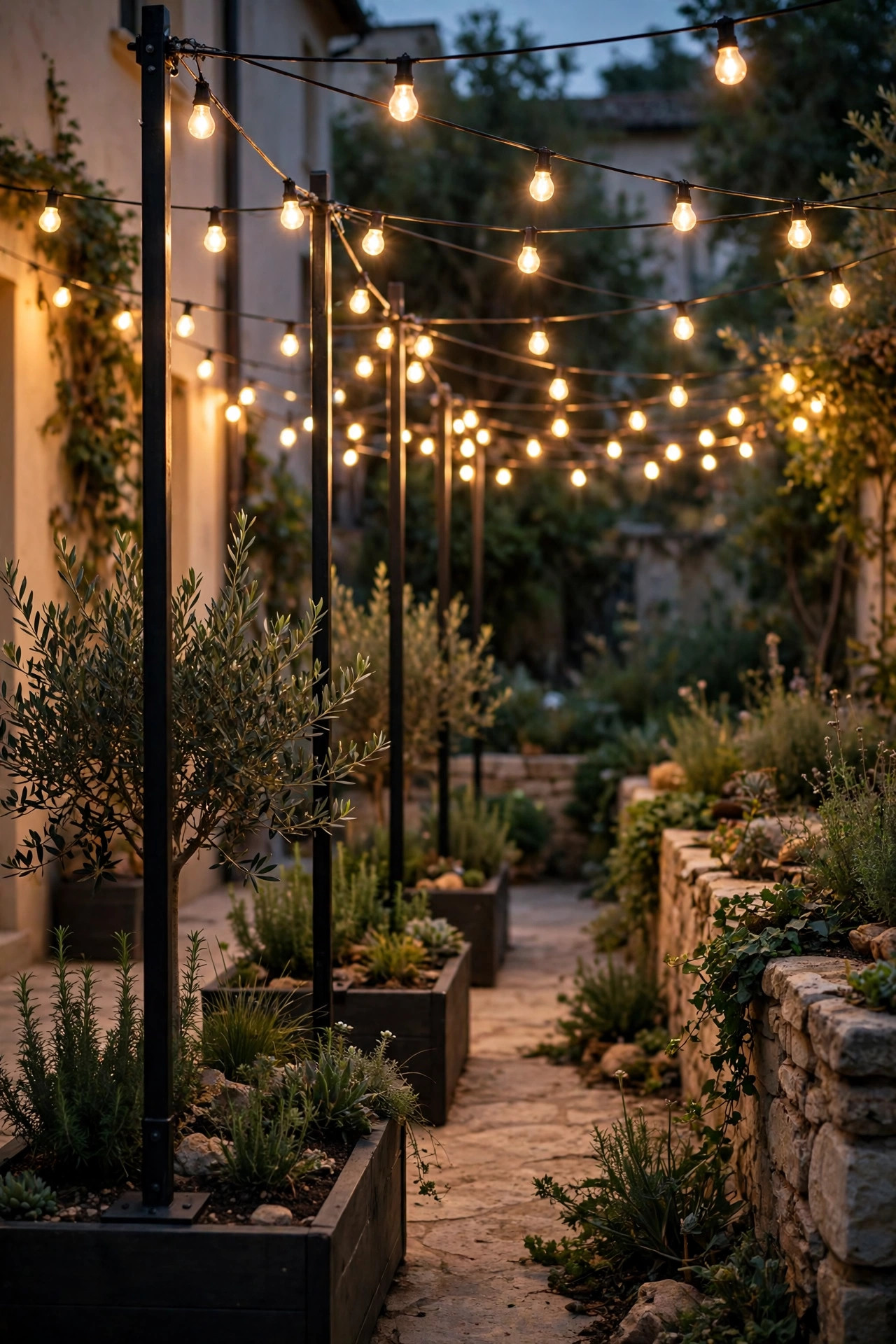 Black poles in planter bases anchoring string lights across a courtyard where one side is a low garden wall