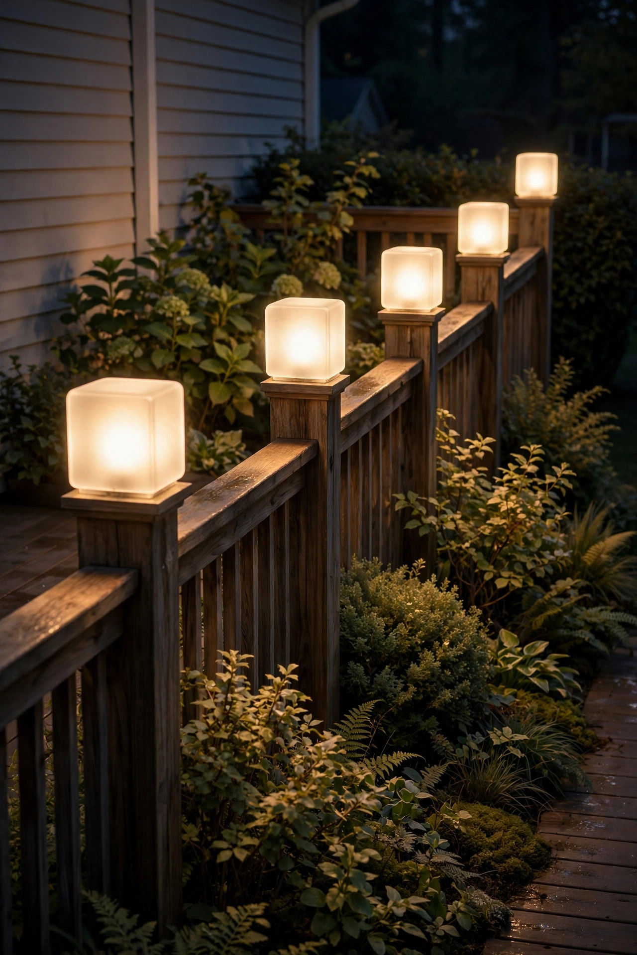 Frosted-glass deck post cap lights glowing with soft diffused warm light on railing posts at night