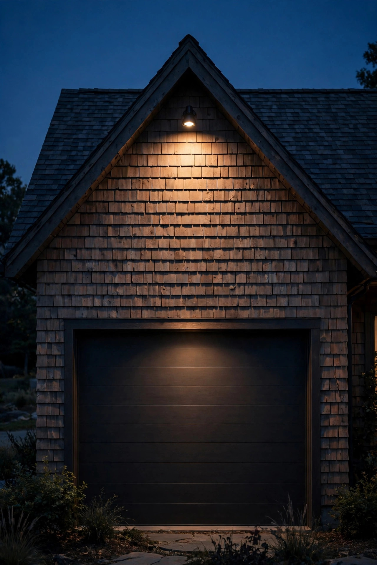 Gable peak above a garage door accent lit with a soft spotlight showing textured siding at night