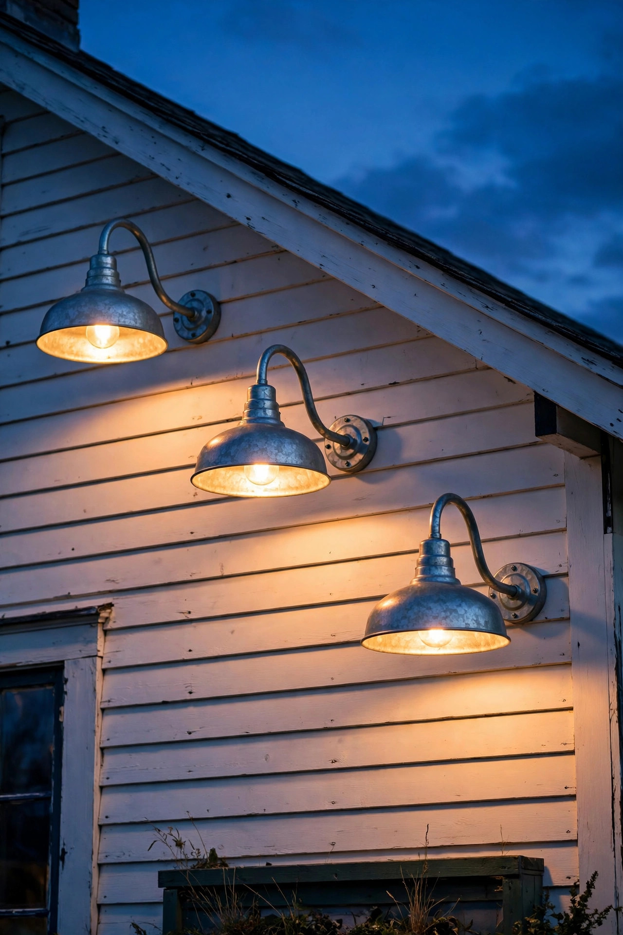 Galvanized metal gooseneck barn lights on a white farmhouse wall at dusk