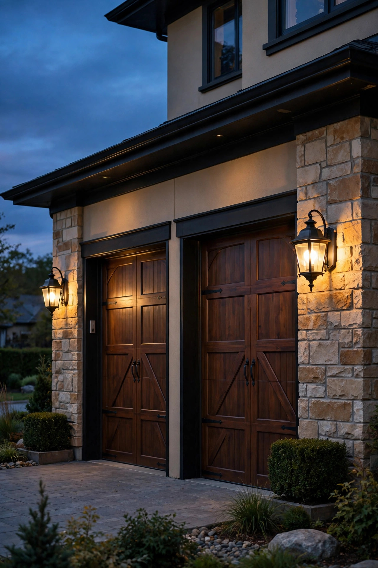 Carriage-style sconces lighting garage doors at dusk, polished facade on a suburban home for sale