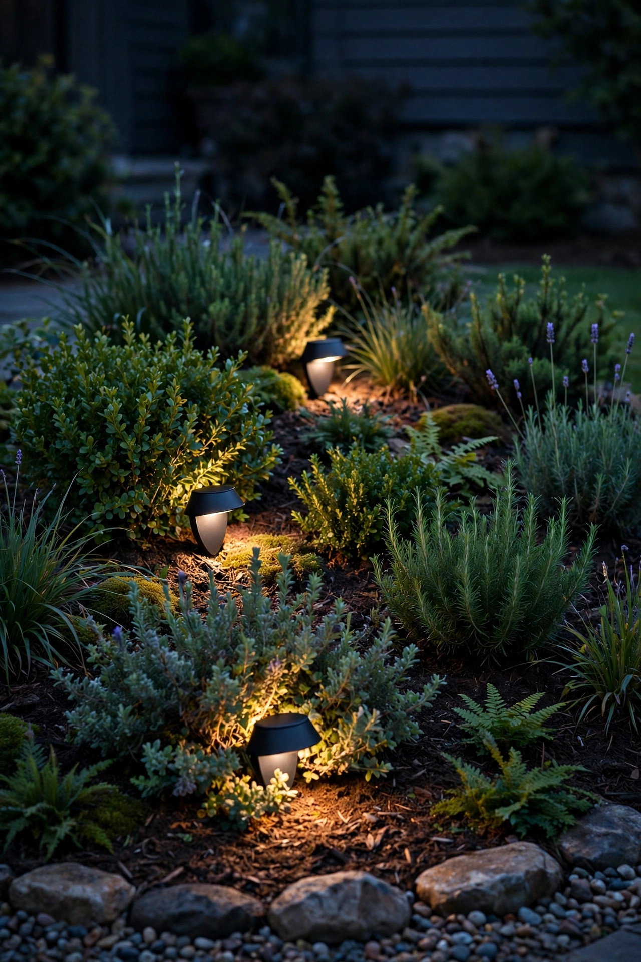 Small shielded spotlights tucked into a front garden bed casting soft downward light on shrubs
