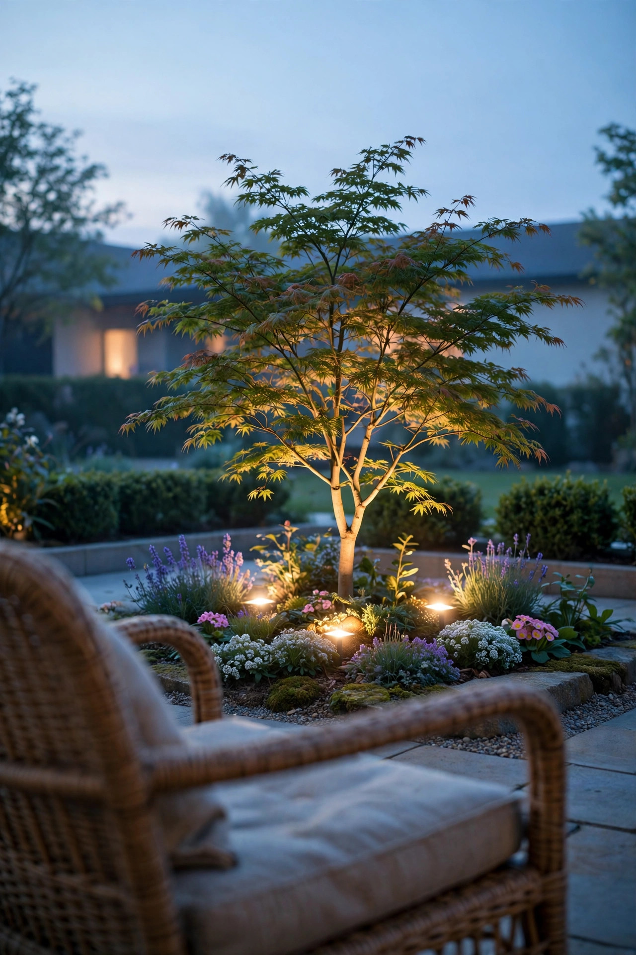 Small ornamental tree and flower bed softly uplighted in warm light, viewed from a patio breakfast chair before sunrise