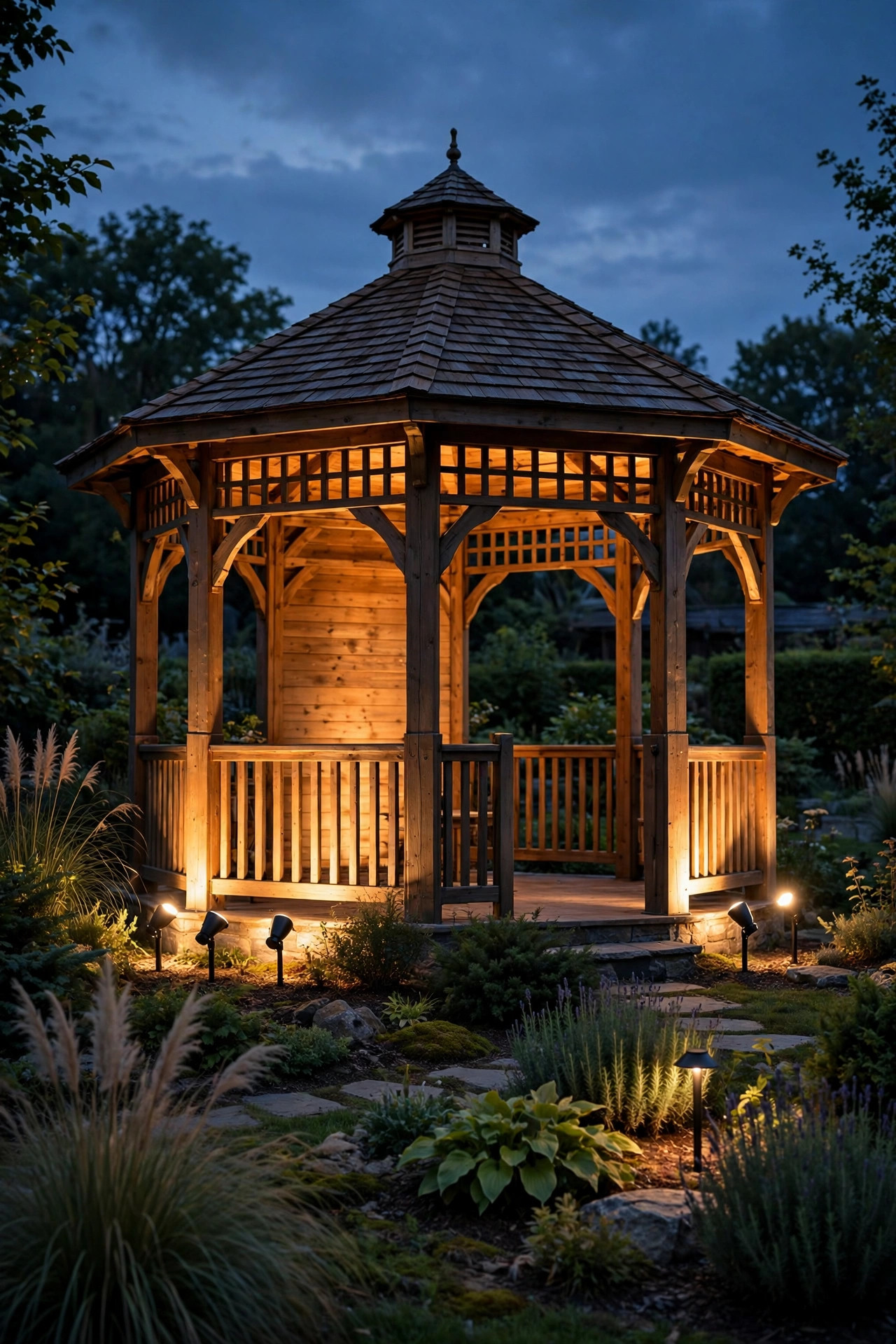 Garden spotlights washing a gazebo with warm light so it glows as a yard focal point
