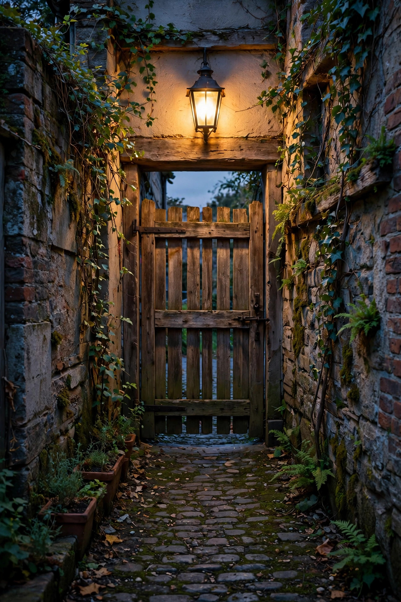 Wooden side gate at dusk with a warm lantern mounted above it, glowing like a small front door at the end of a narrow passage