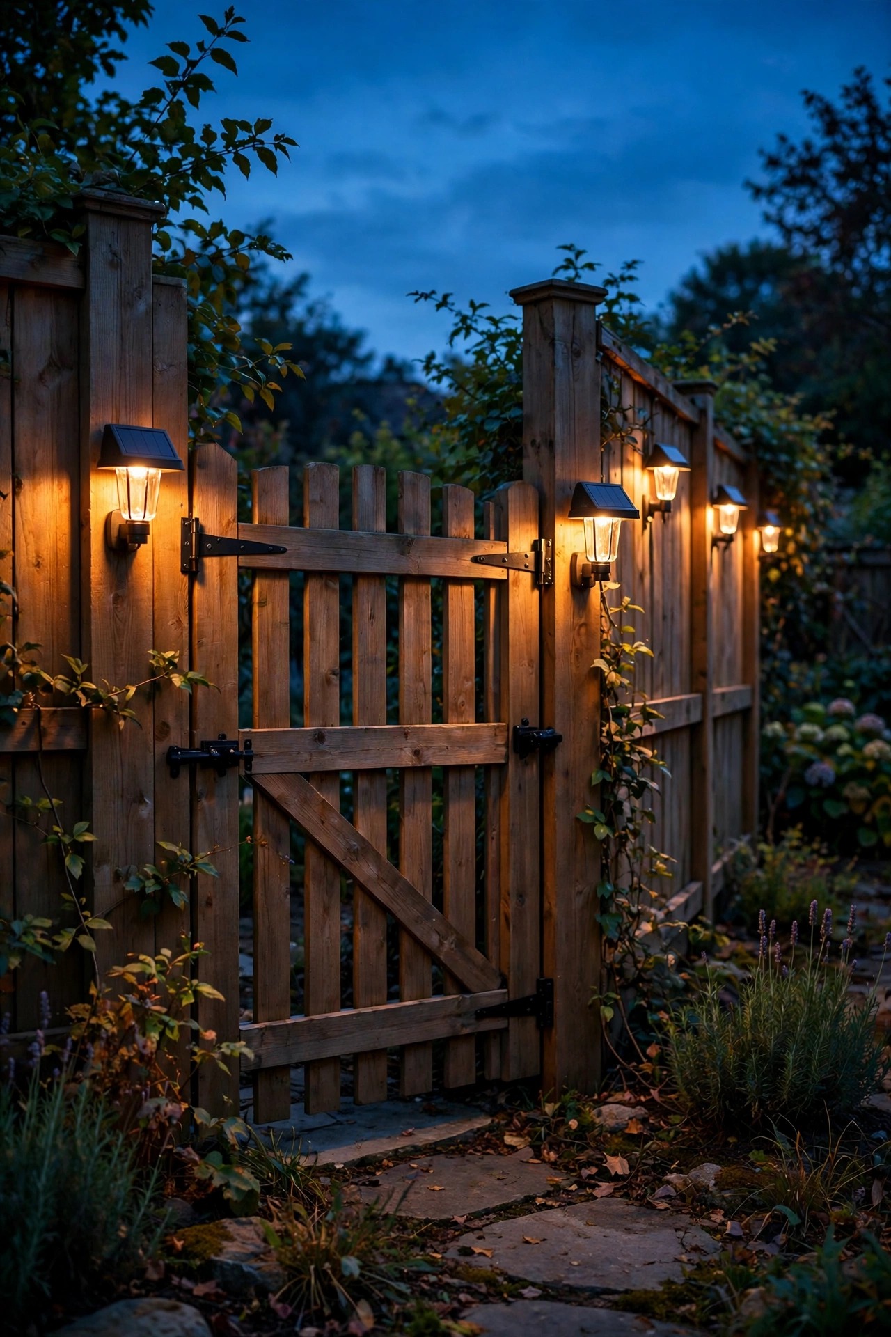 Solar wall lights flanking a wooden garden gate and wrapping the fence corner with warm light at dusk