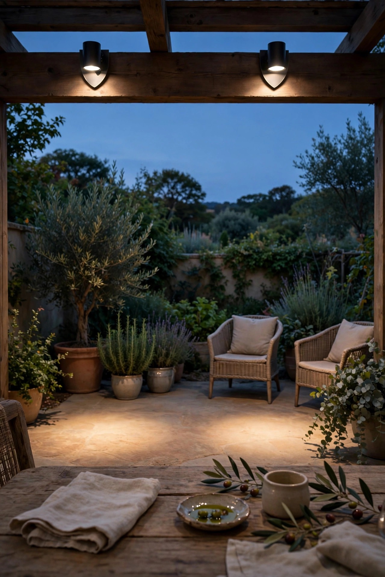 Peaceful patio at dusk seen from a seated viewpoint, shielded fixtures casting soft downward pools of warm light with no harsh glare