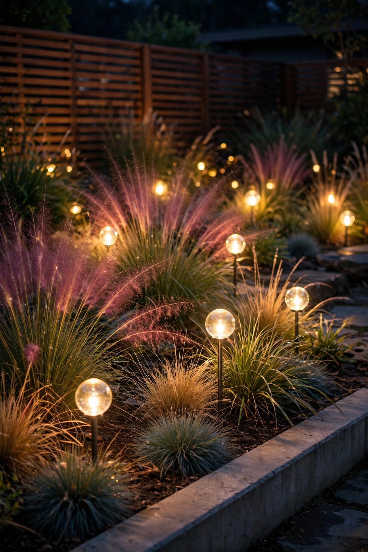 Mini globe stake lights glowing among ornamental grasses in a mid century modern garden bed at night
