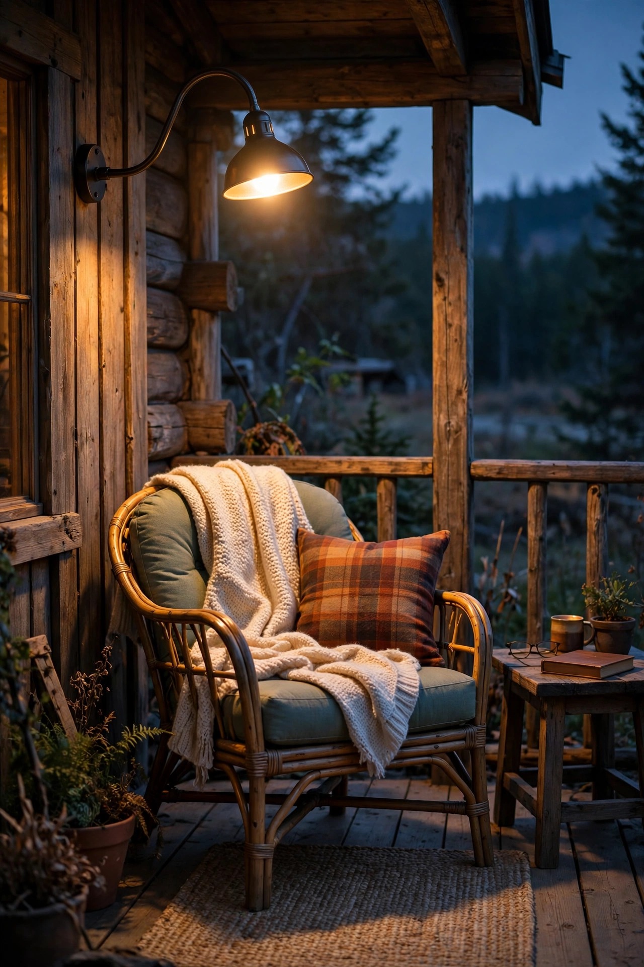 Gooseneck barn light casting a warm pool of light over a reading chair on a cabin porch at dusk