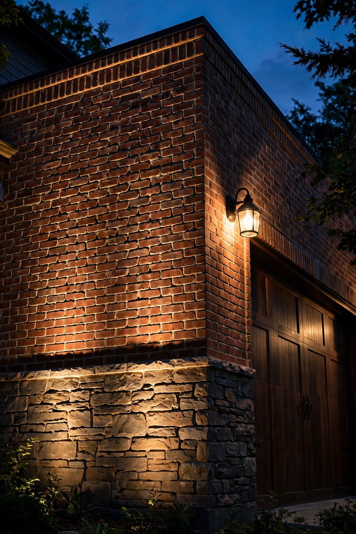 Grazing light raking up a brick garage facade highlighting mortar joints and stone texture at night