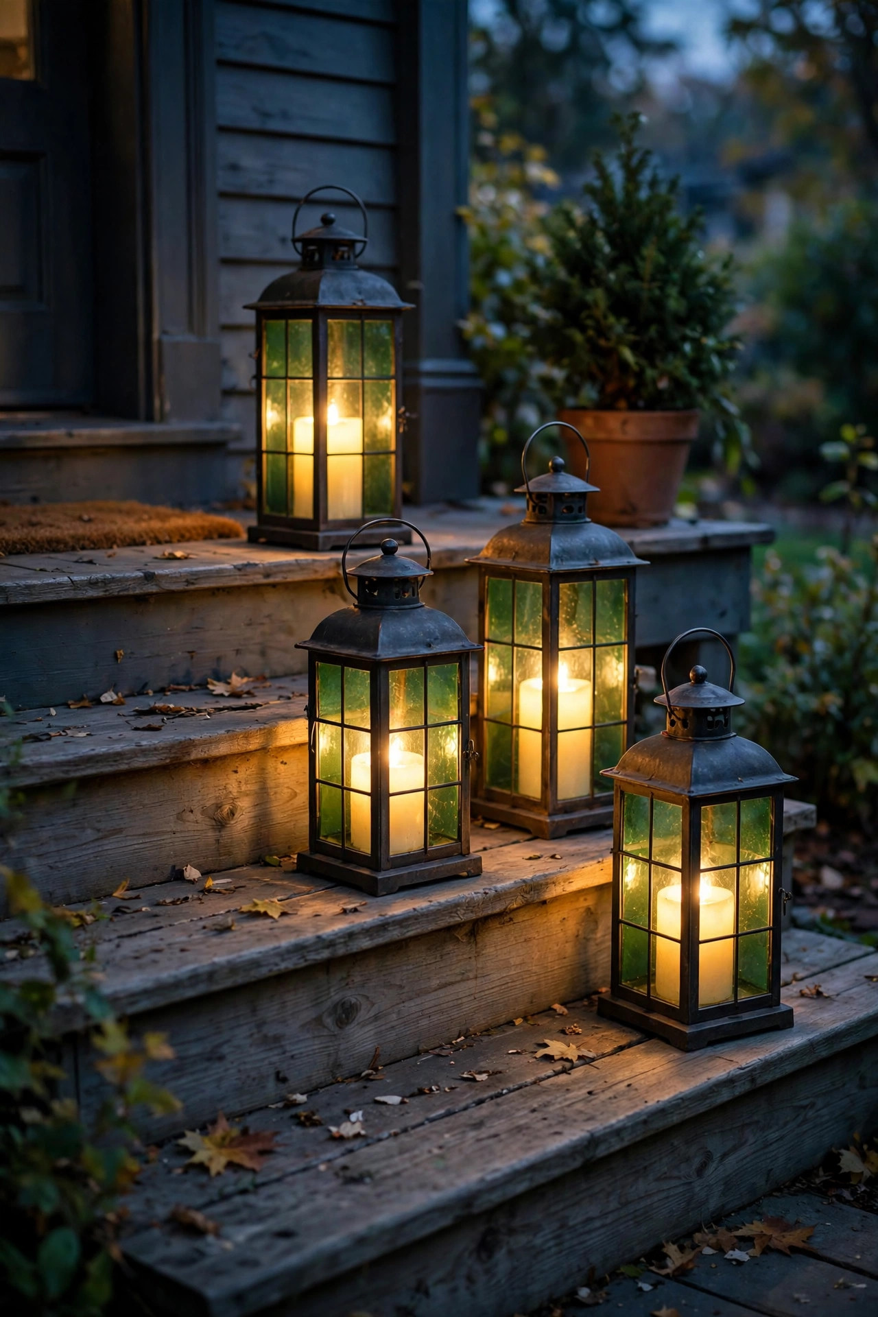 Lanterns with green glass and flameless candles glowing on porch steps at dusk