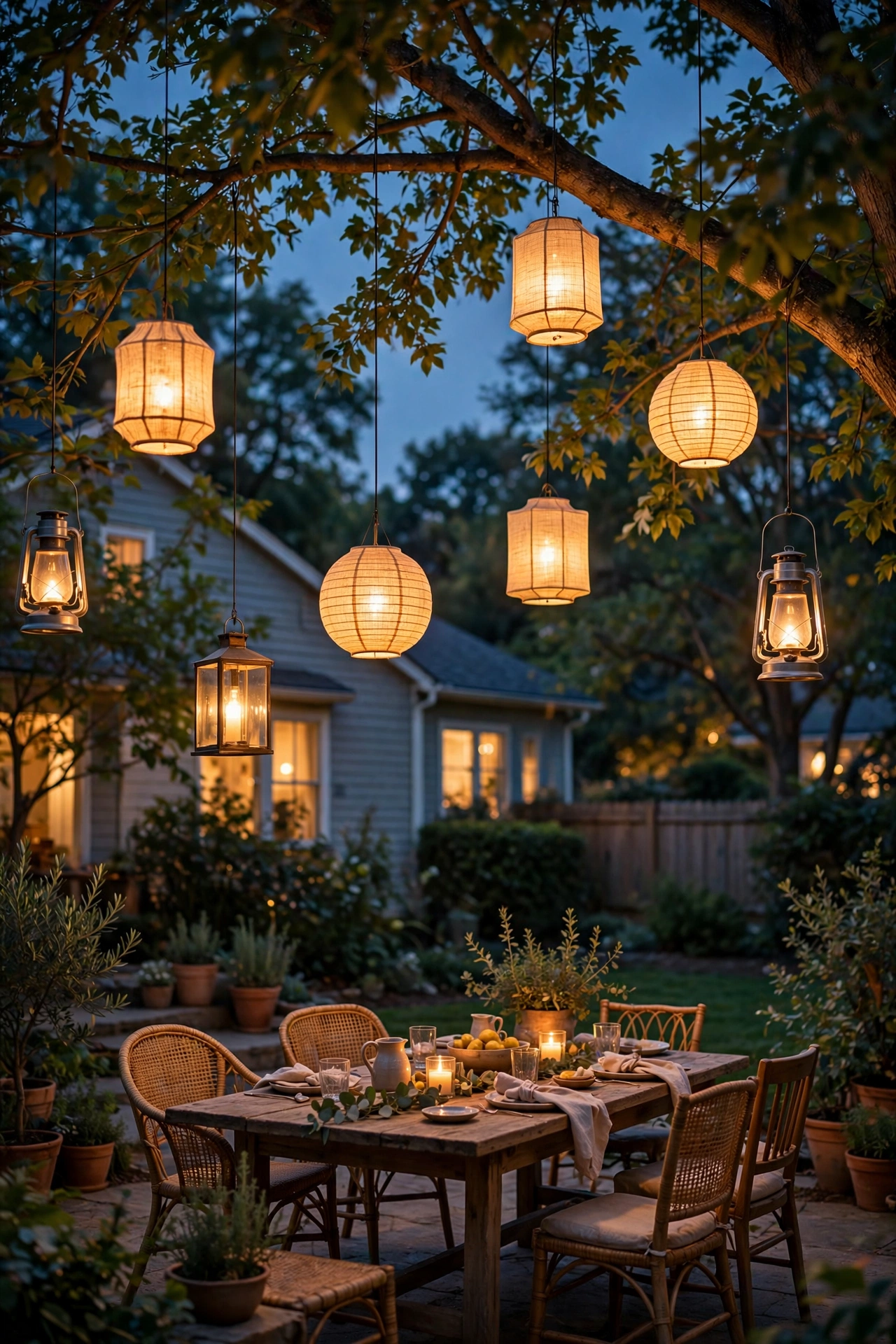 Lanterns hanging at varying heights from tree branches over a party seating area