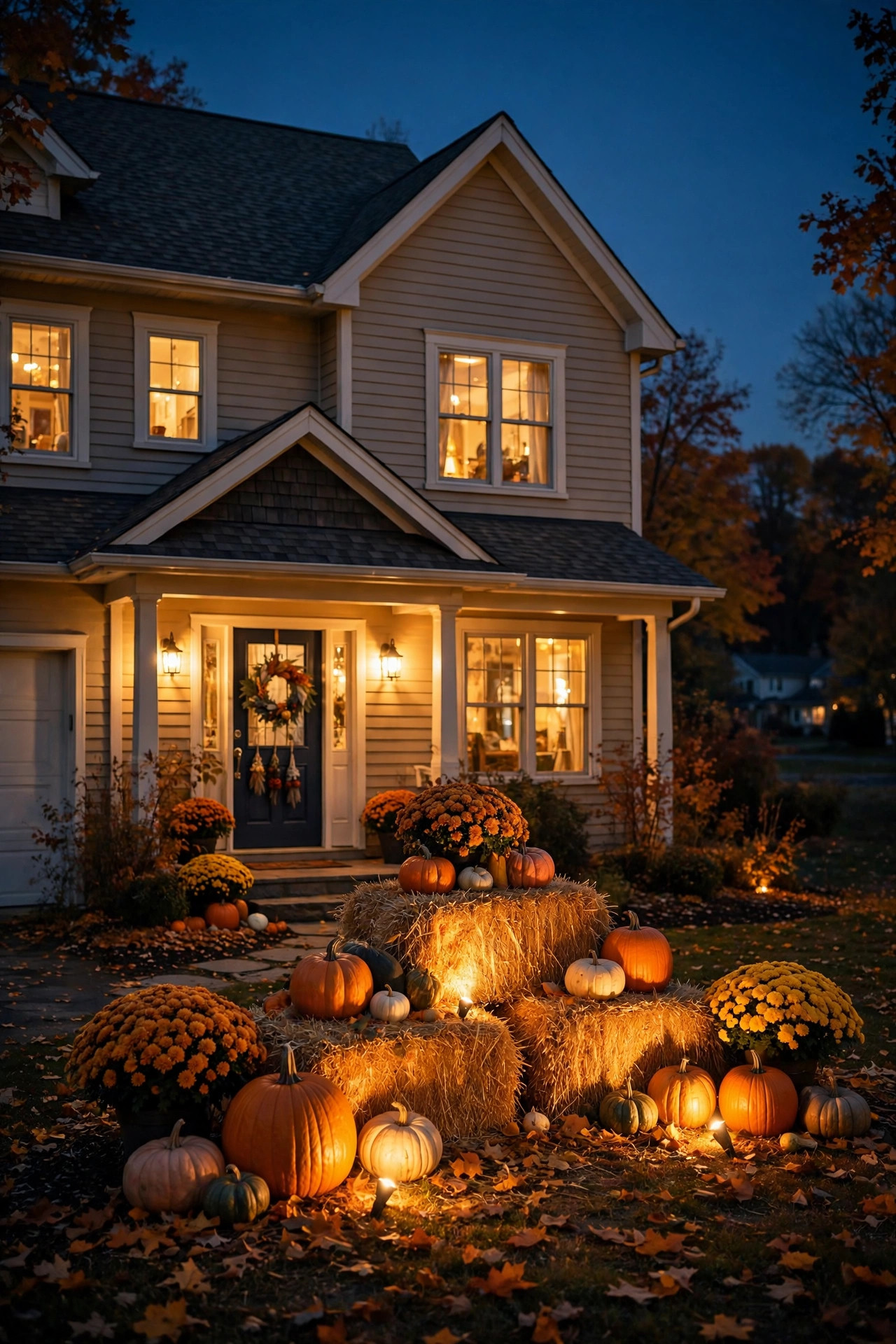 Hay bale wrapped in lights with pumpkins, lit by a spotlight on a fall porch