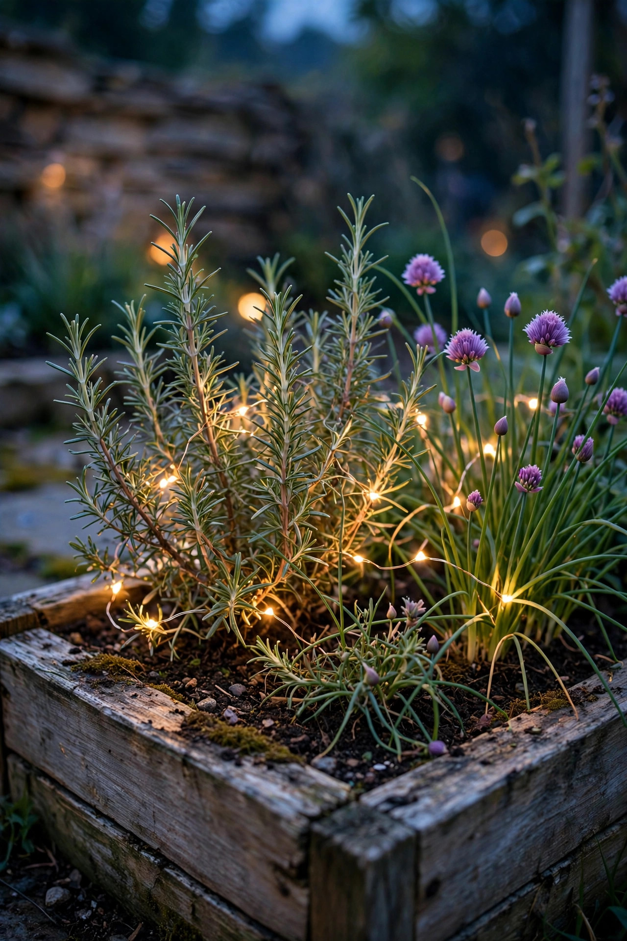 Tiny fairy lights woven through rosemary and chives in a small raised herb bed glowing at dusk