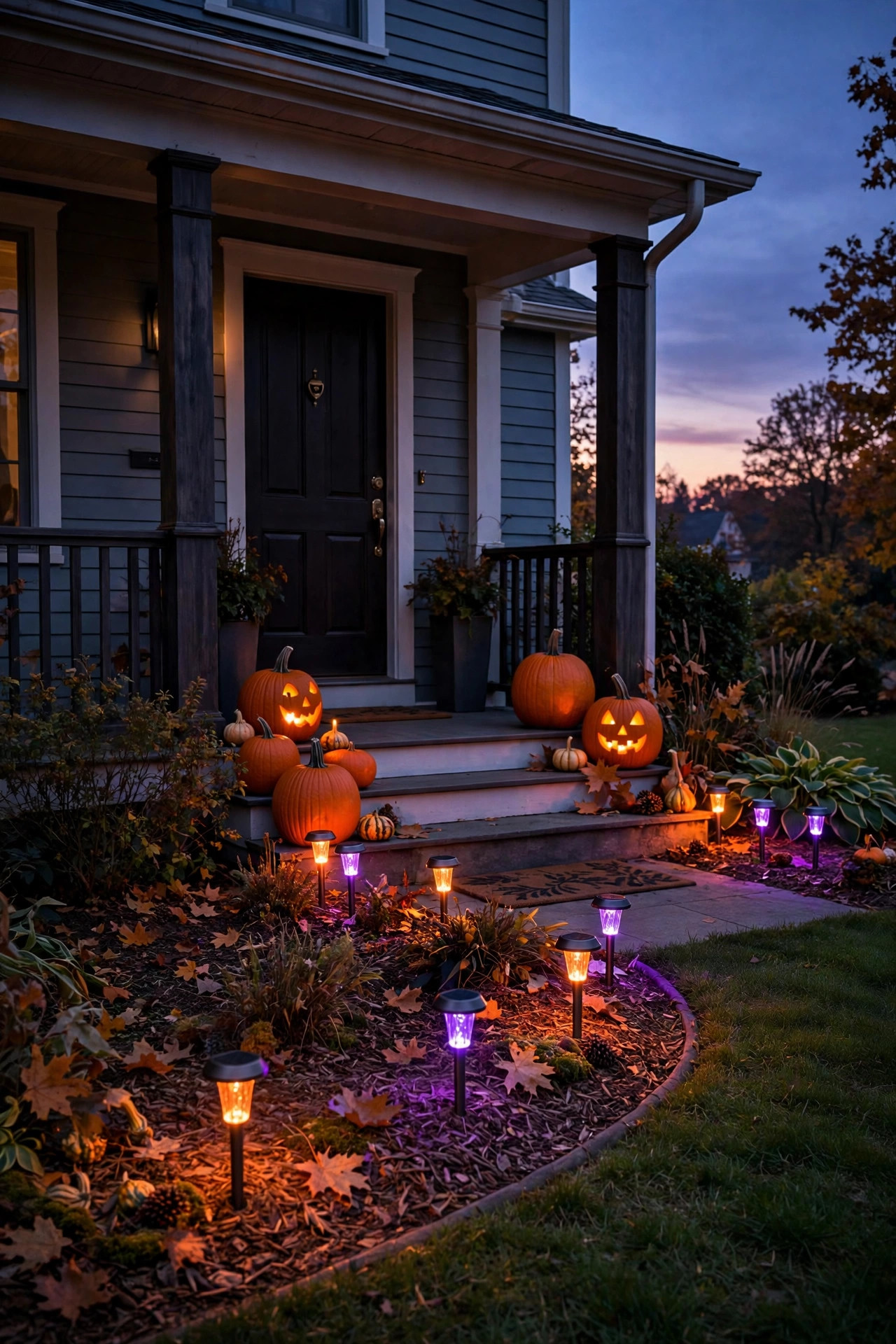 Front yard solar lights glowing orange and purple for Halloween with pumpkins by the porch