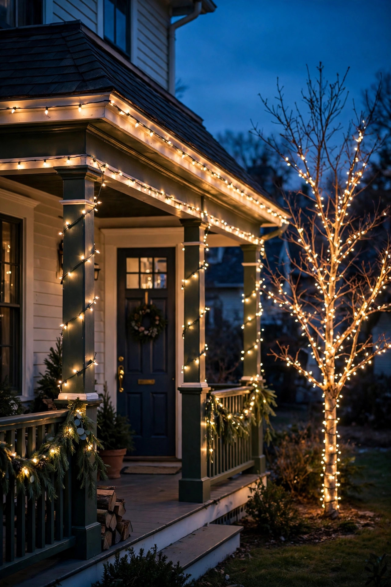 Tasteful warm white holiday lights on a porch outline and one wrapped tree at dusk, classic and restrained