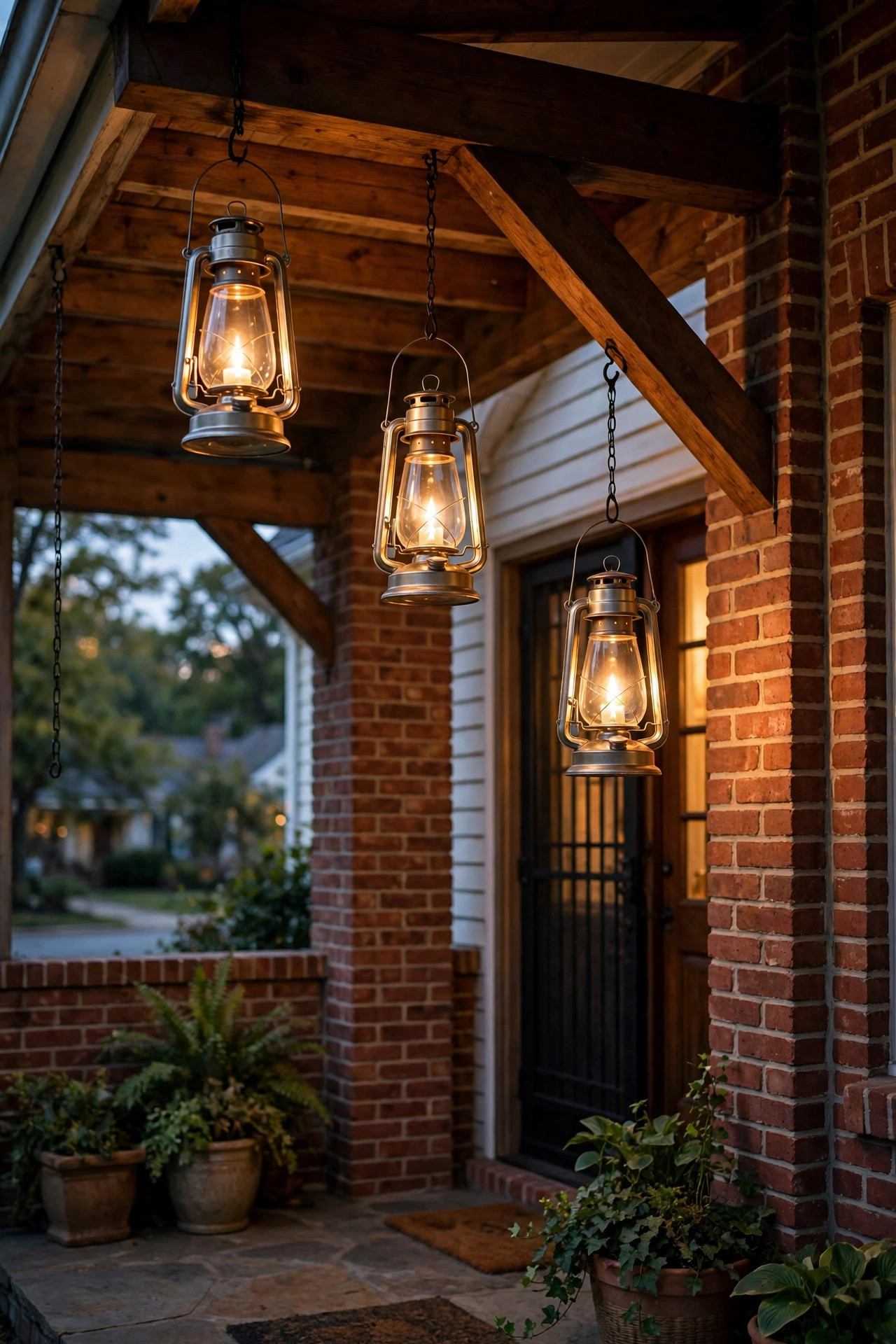 Hurricane lanterns hanging at staggered heights from wooden beams on a brick porch