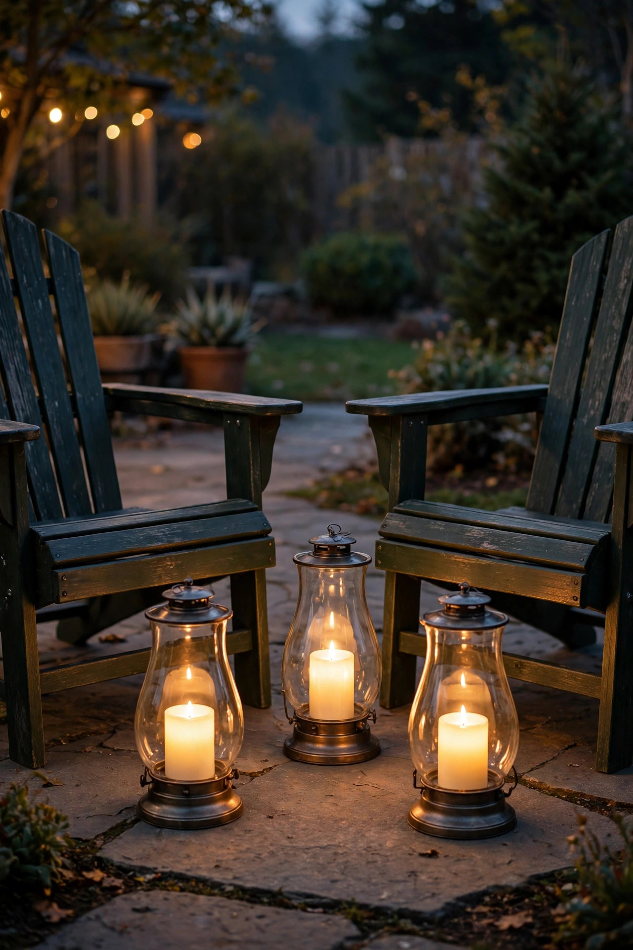 Glass hurricane lanterns with flameless candles glowing on the ground between fire pit chairs