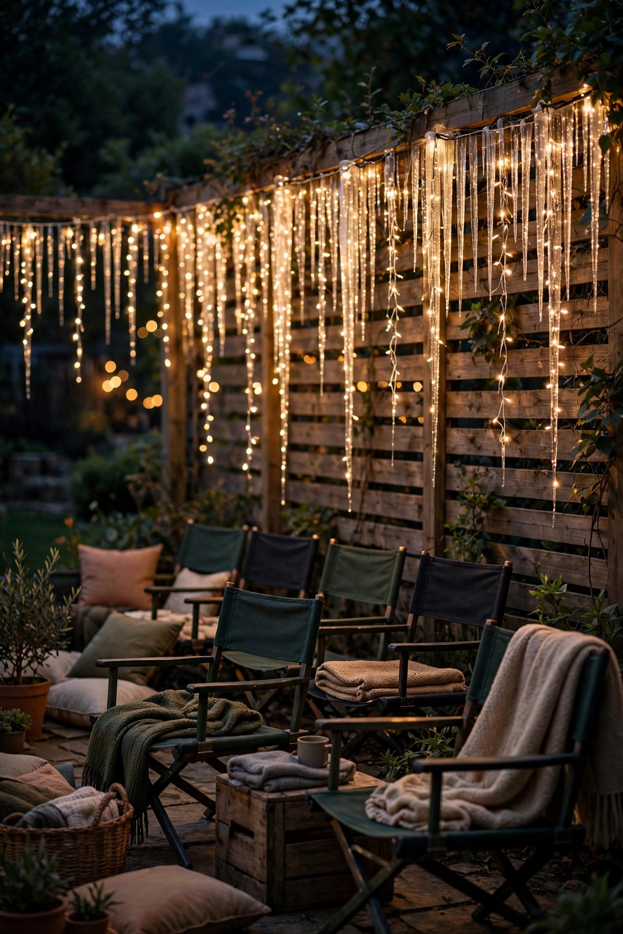 Warm icicle curtain lights draped along a backyard fence behind movie seating, twinkling softly at night