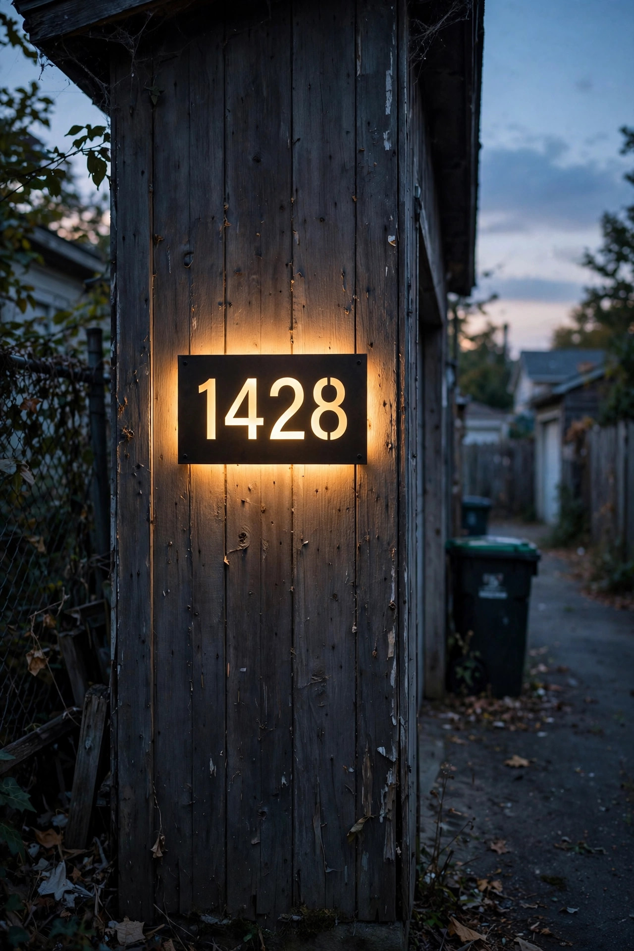Illuminated address number plaque glowing on a detached garage wall facing a residential alley at dusk