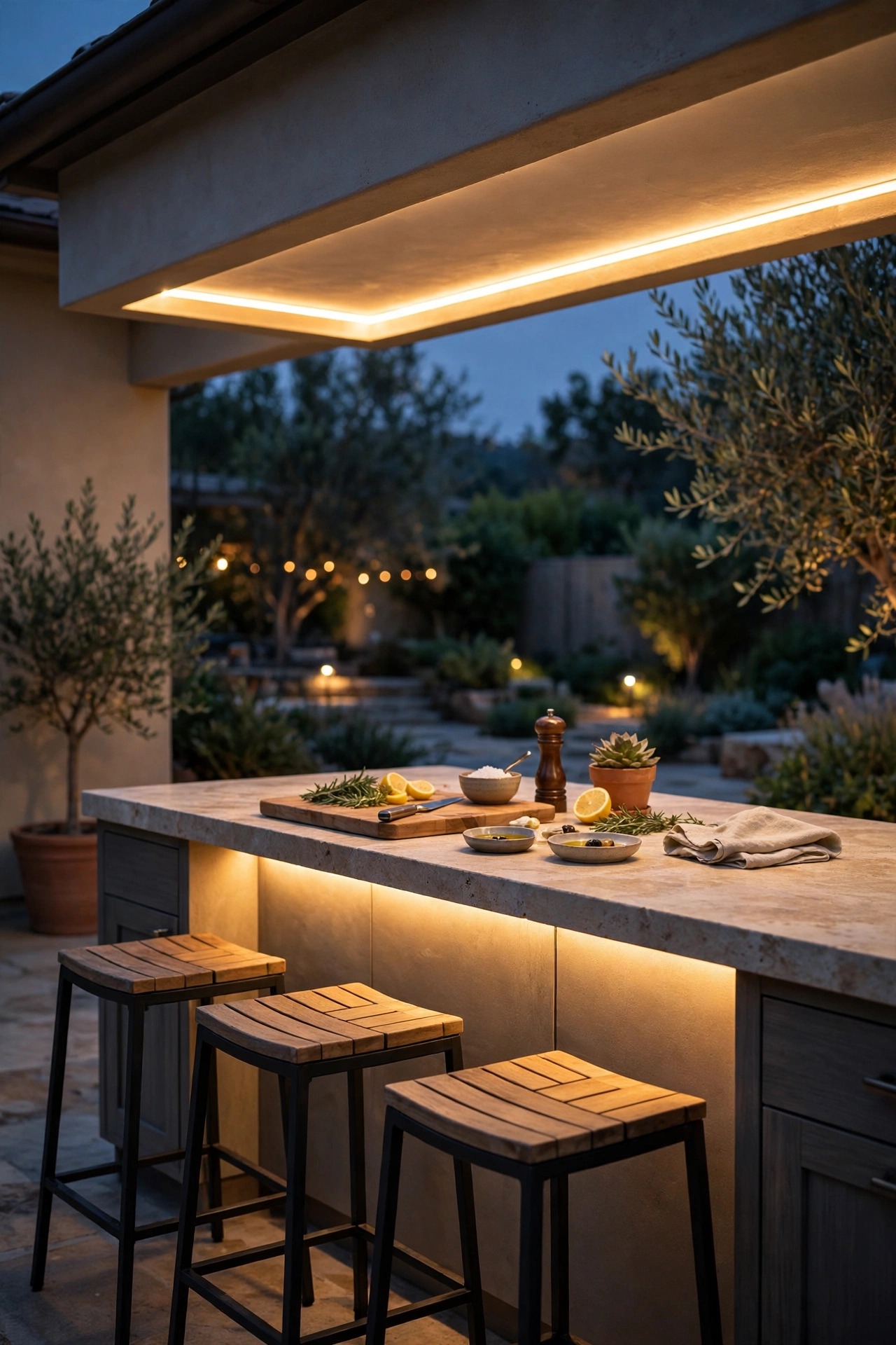 Under counter strip lighting beneath an outdoor kitchen island overhang glowing over stools and prep space