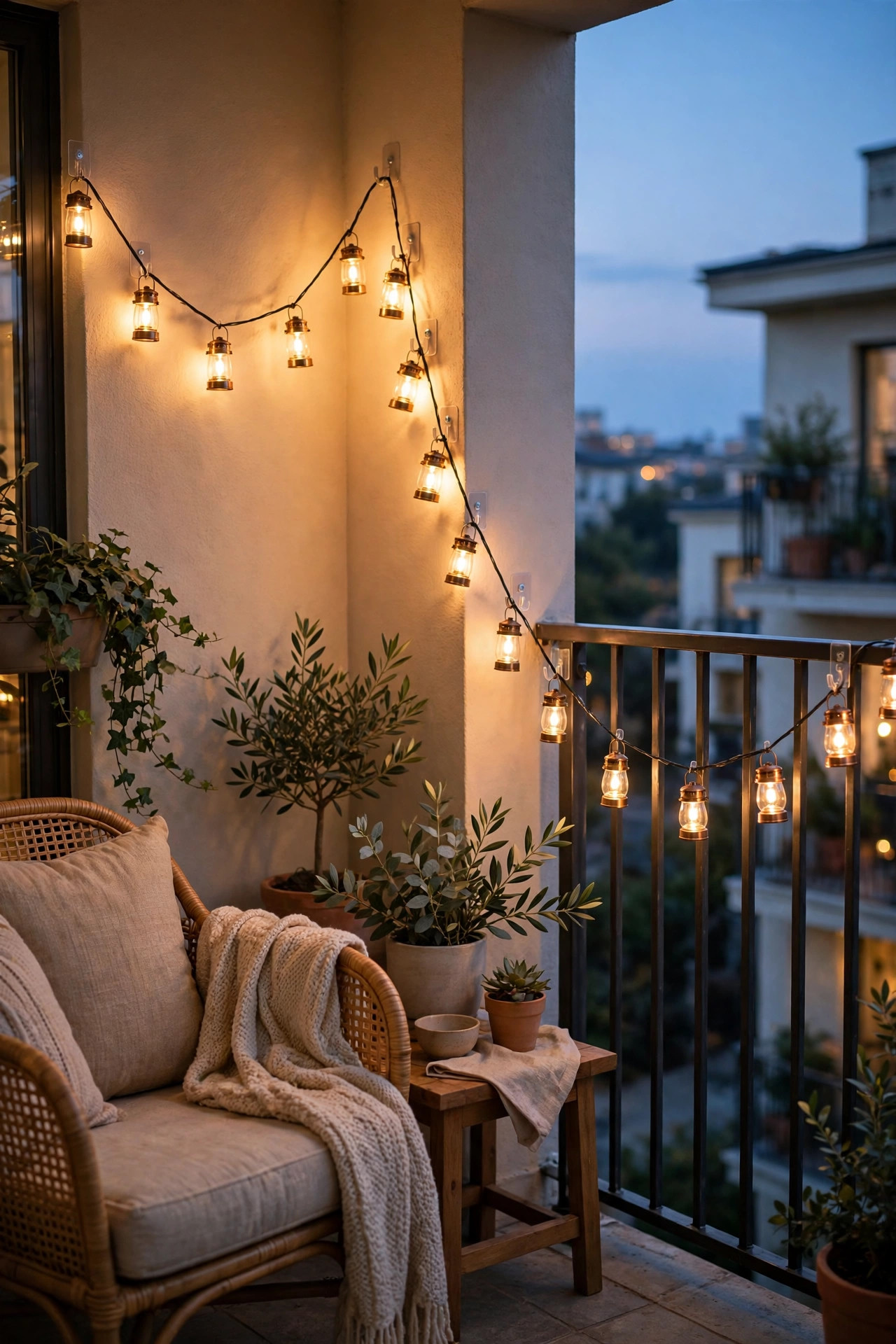 Garland of small warm battery lanterns swagged over a balcony seating corner on removable hooks