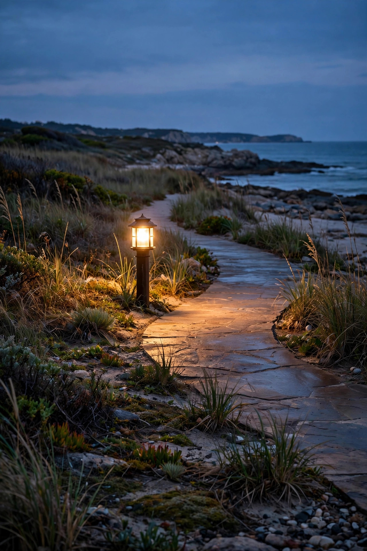 Short lantern post light glowing at the bend of a coastal front walkway at dusk