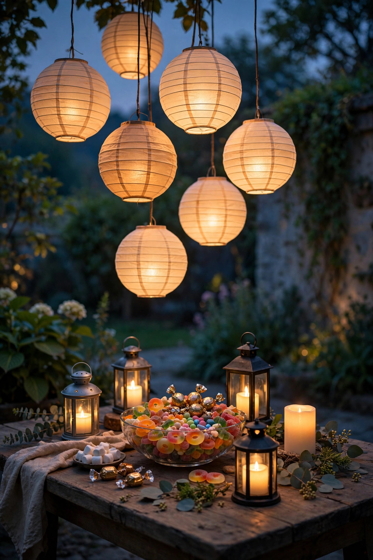 Treat table glowing under hanging paper lanterns with flameless candle lanterns and a candy bowl at dusk