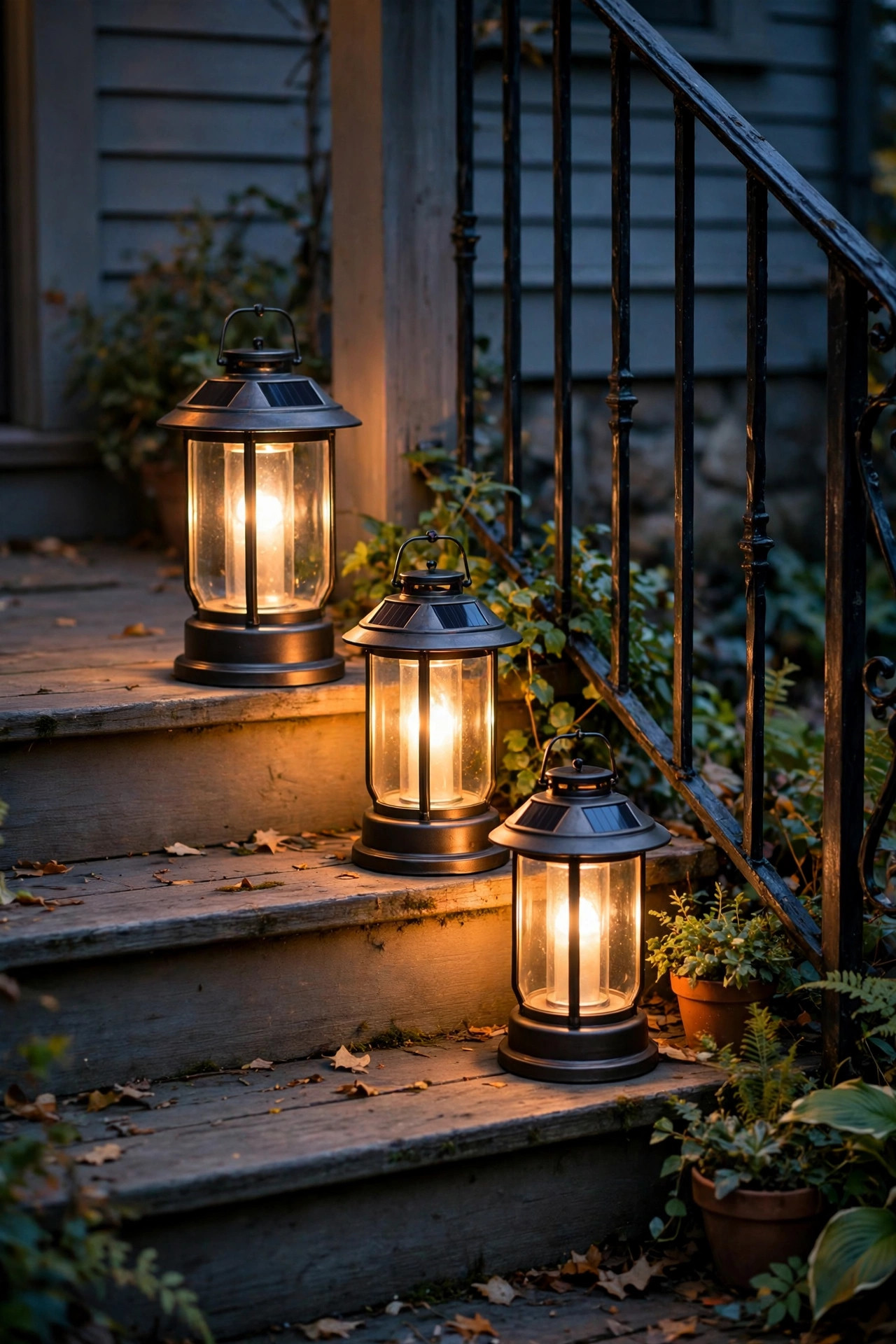 Group of three solar lanterns in staggered heights clustered on porch steps beside a railing