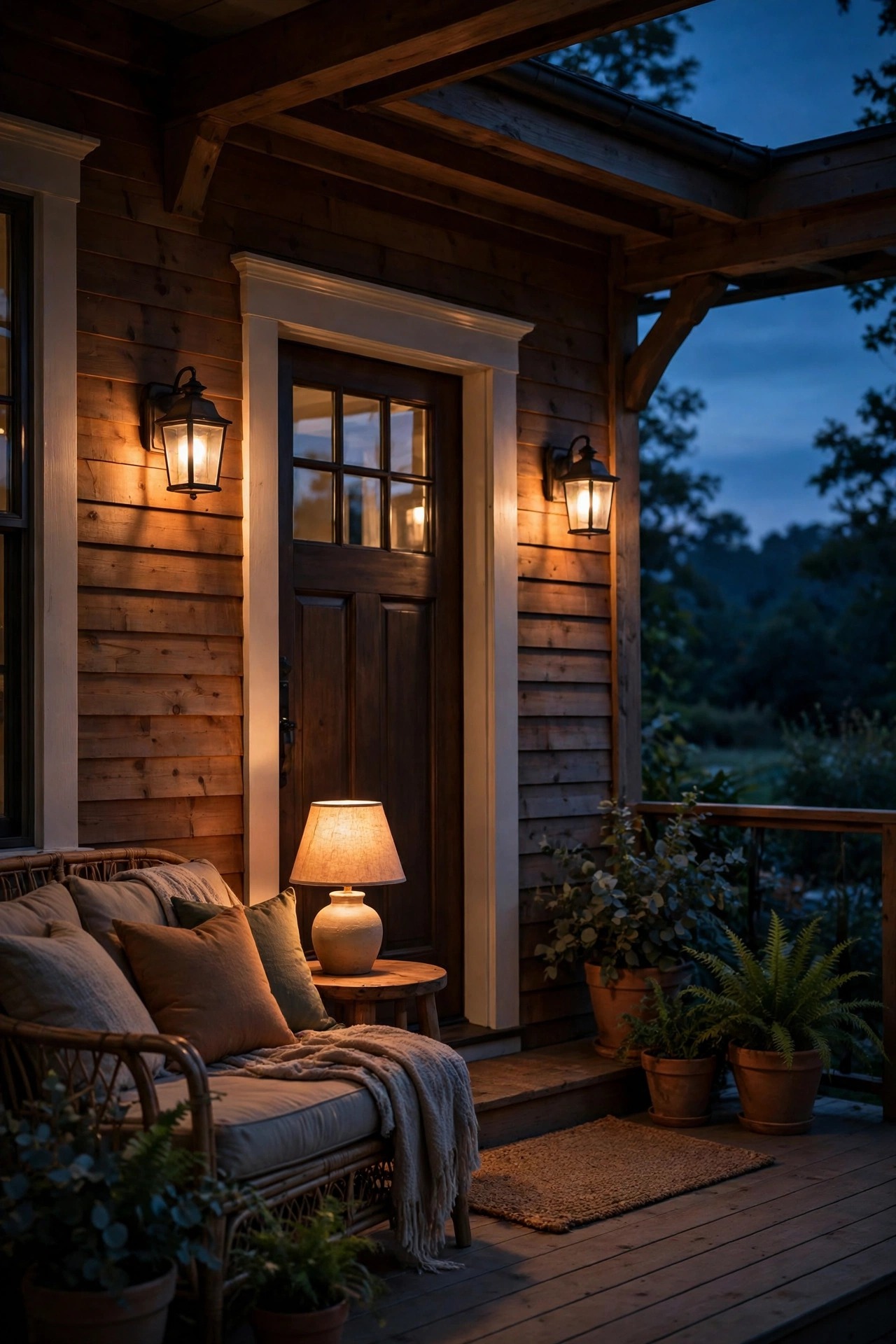 Front porch at dusk with two gentle layers of warm light, entry fixtures by the door and a softer seating glow, both dim
