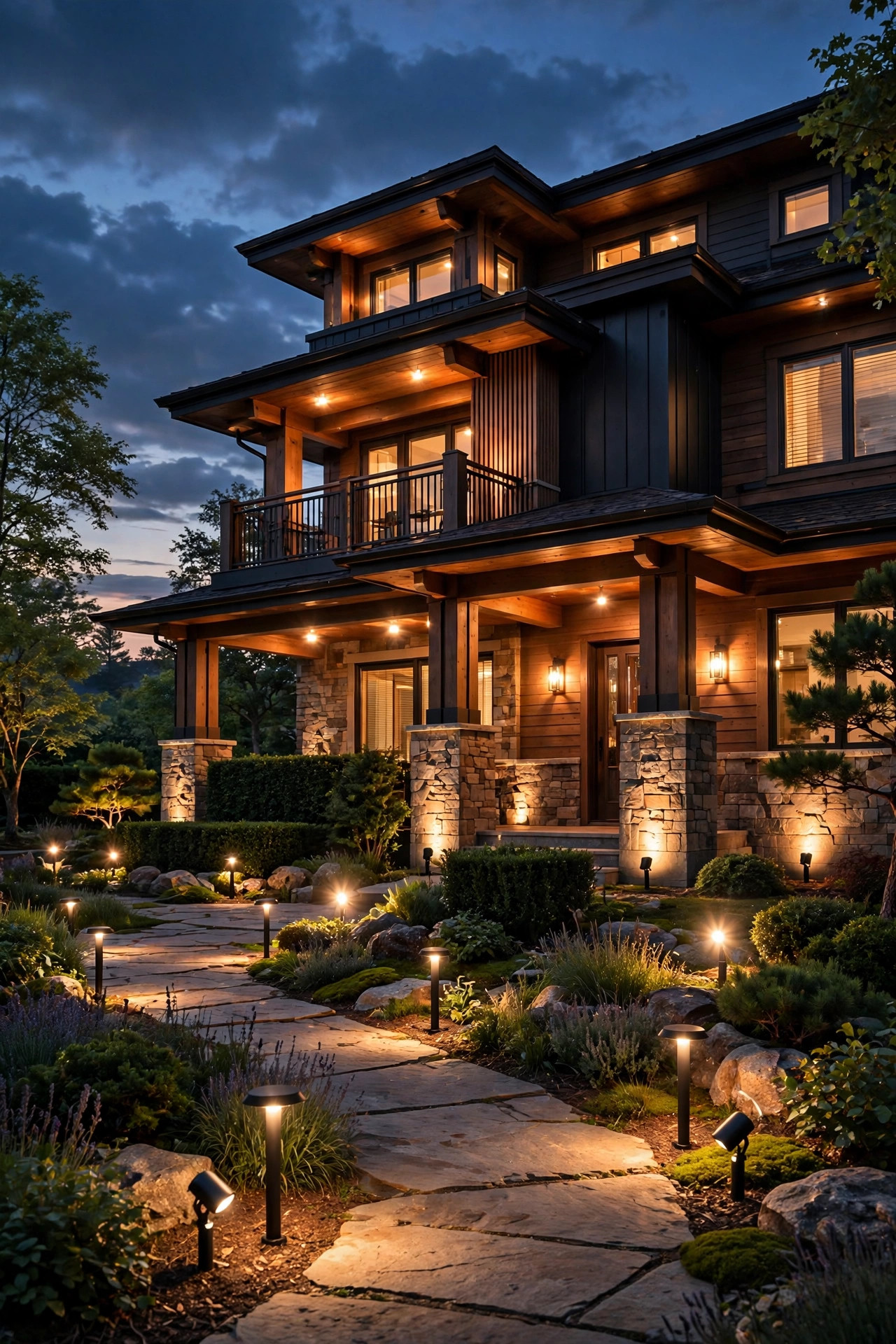 Fully layered nighttime facade with path lights, warm porch lights, and spotlights on the architecture working together