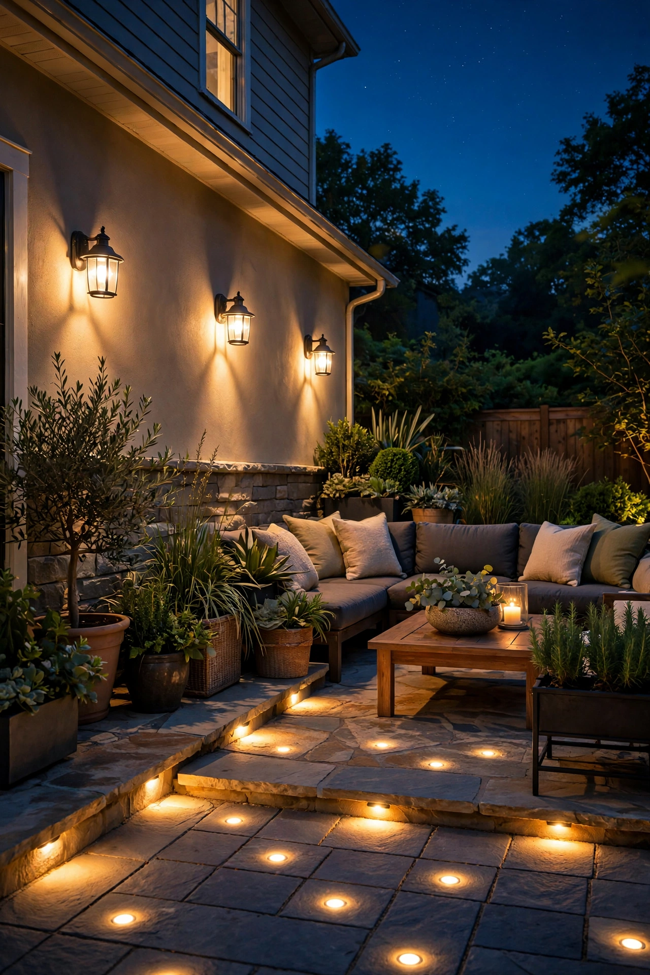 Paver lights layered with warm wall sconces on a glowing patio at night