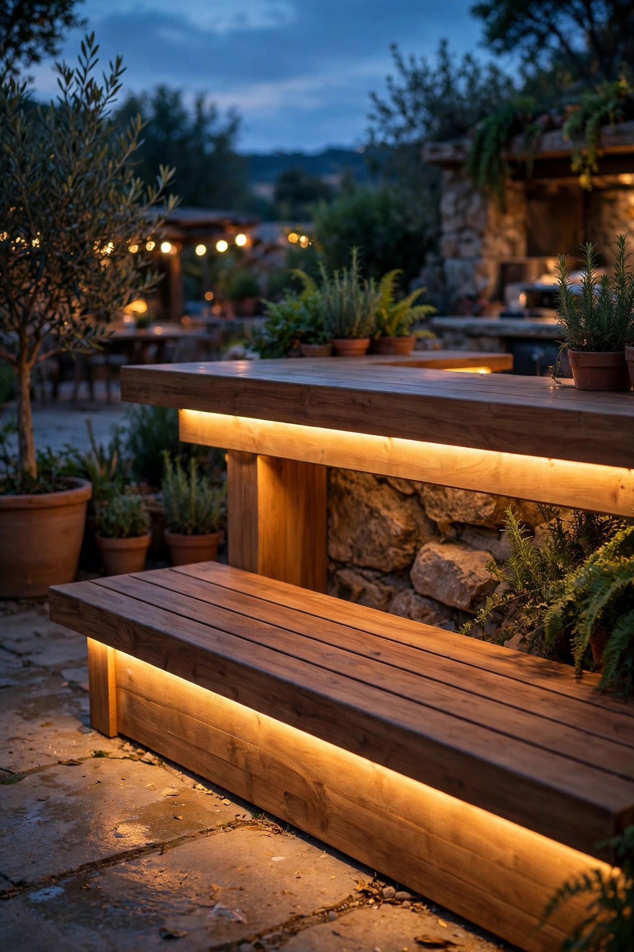 Warm LED strip light glowing from under an outdoor bar counter and bench edge at dusk
